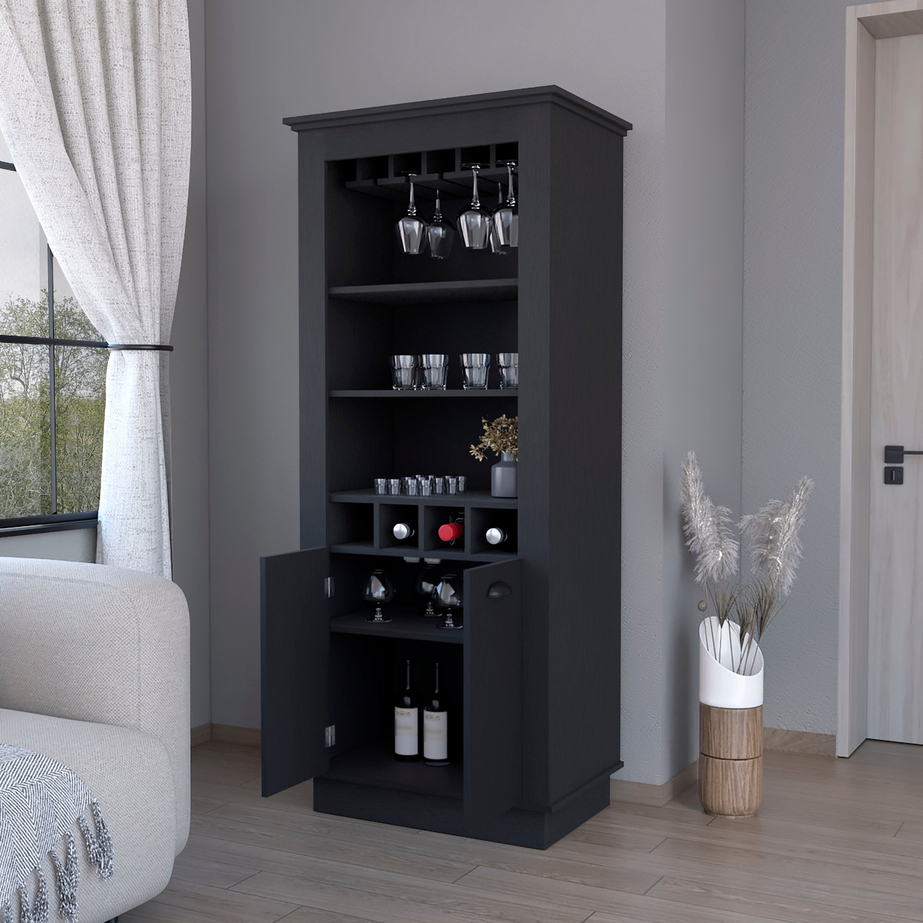 Tyler Black 4-Built In Wine Rack Bar Cabinet