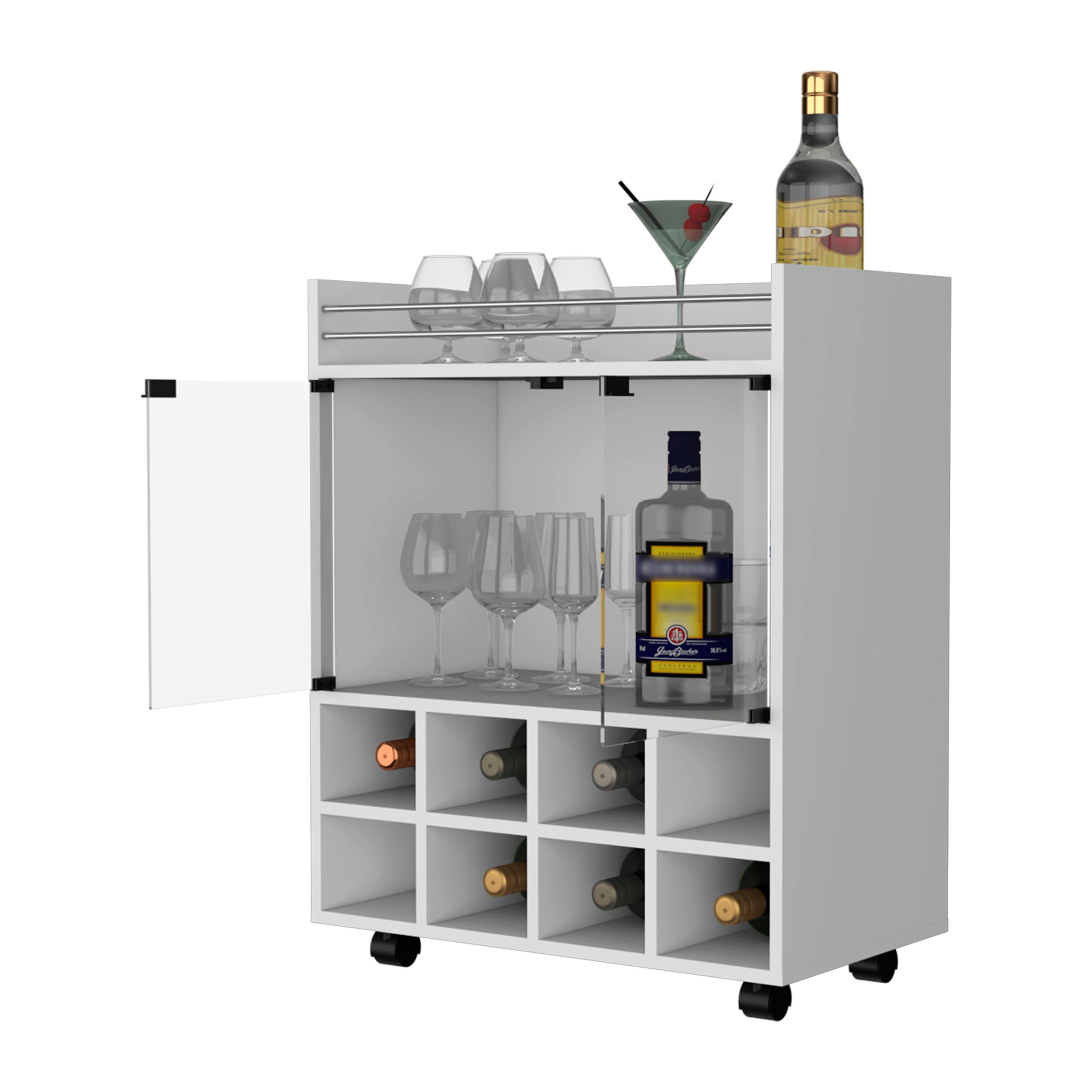 White 8-Bottle Rack Bar Cart