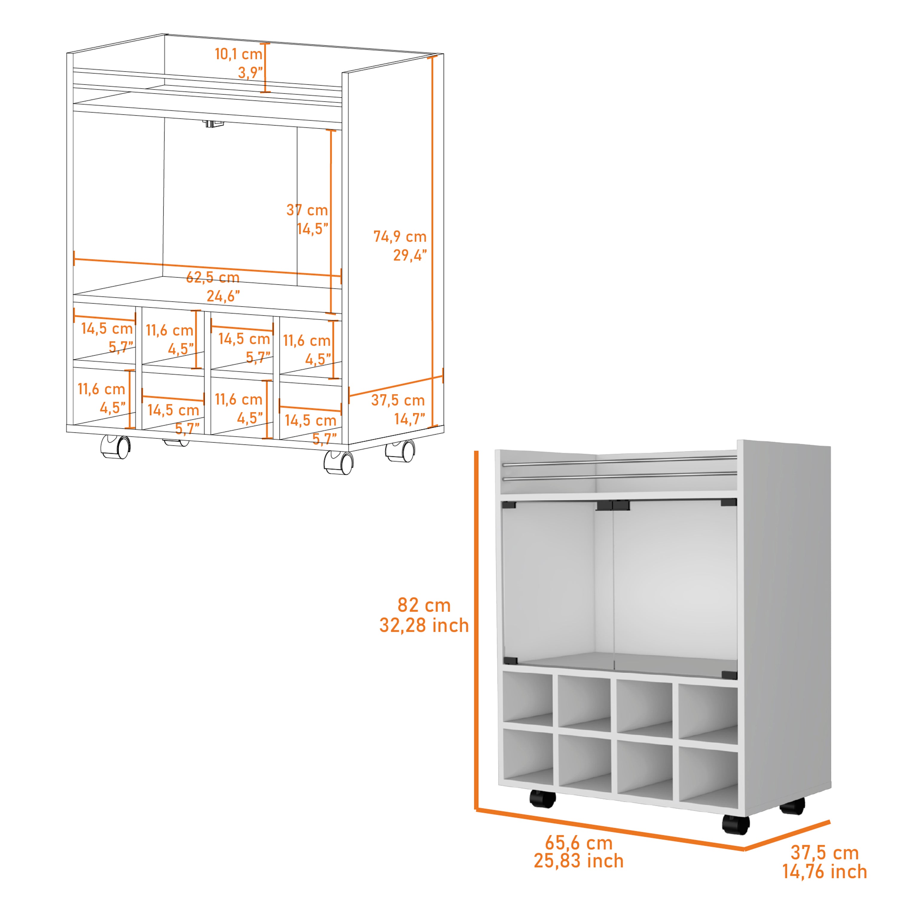 White 8-Bottle Rack Bar Cart