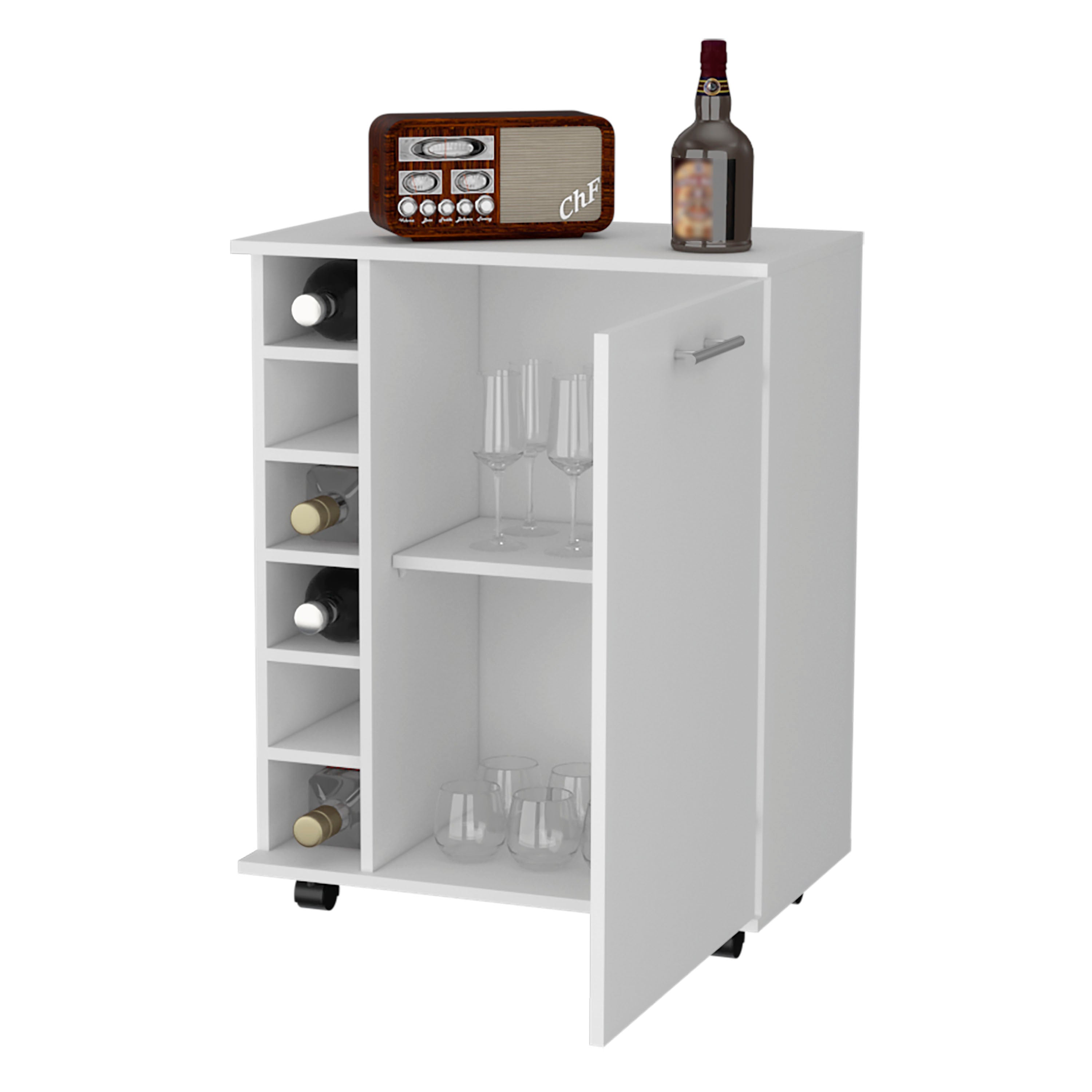 White 6-Bottle Rack Bar Cart