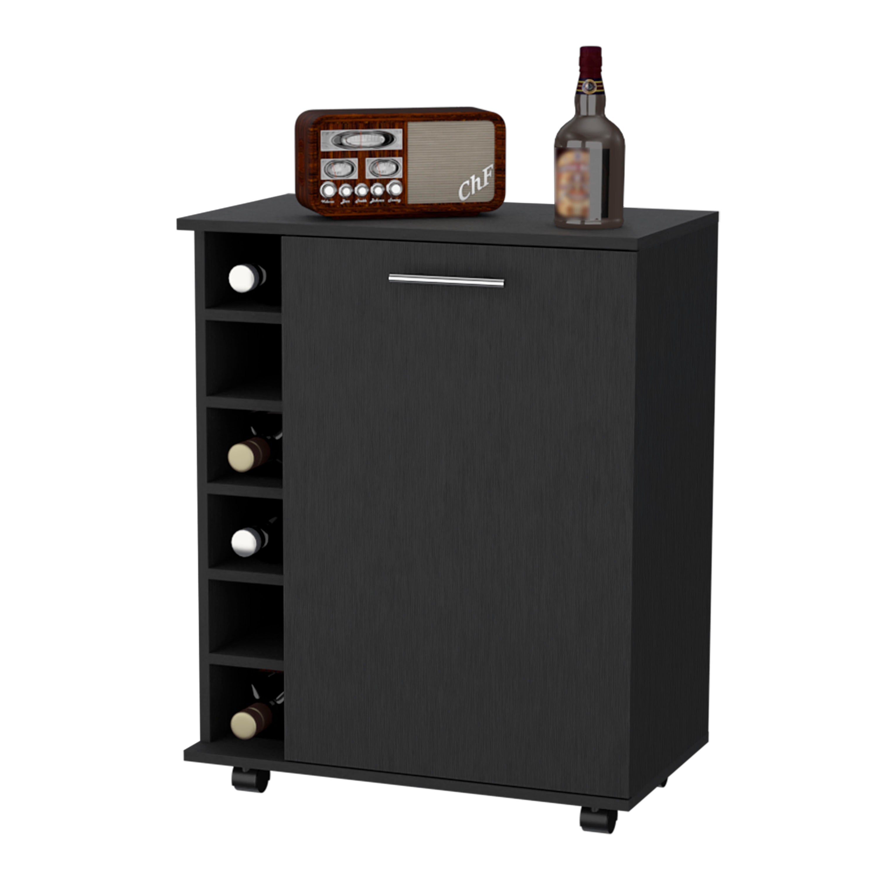 Black 6-Bottle Rack Bar Cart