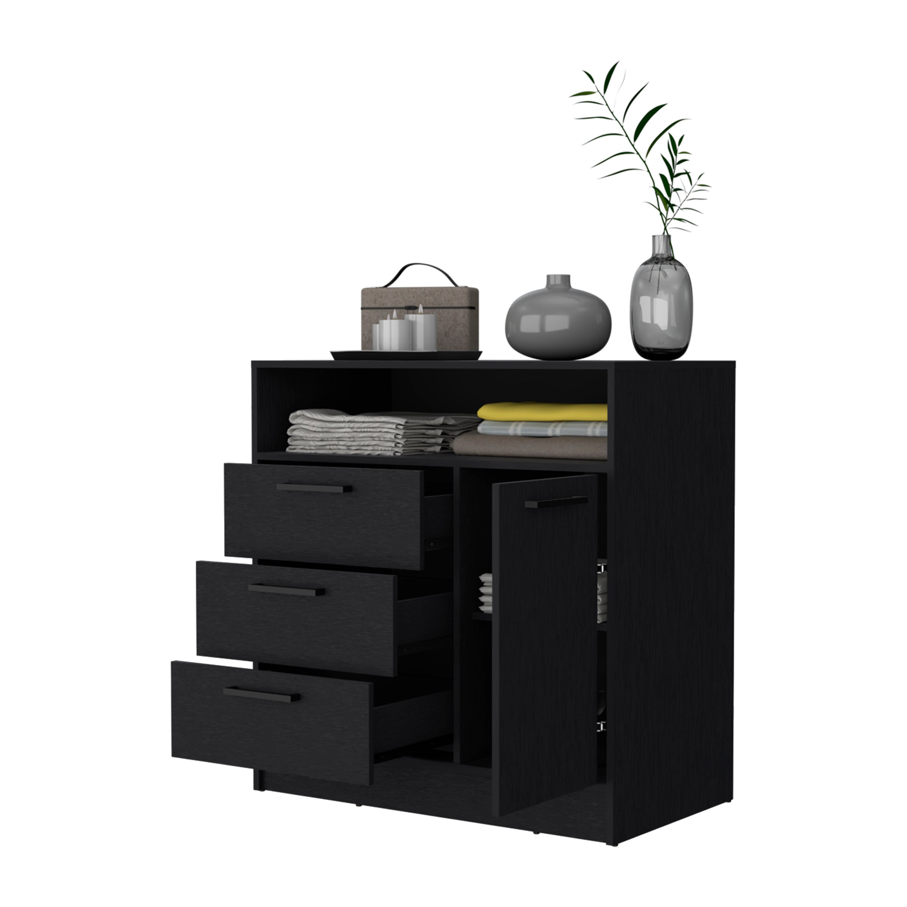 Black Open Storage Shelf 3 Drawer Dresser