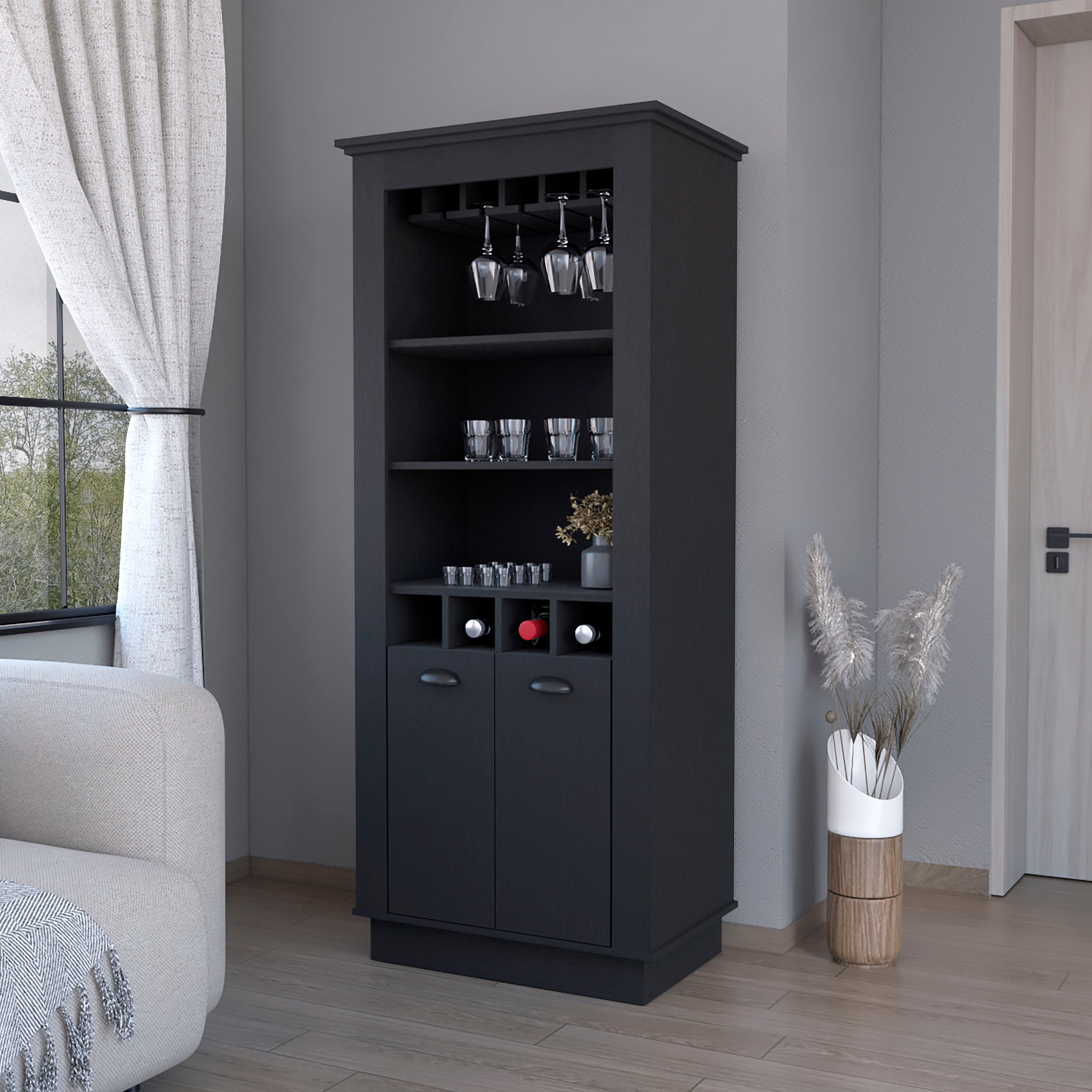 Tyler Black 4-Built In Wine Rack Bar Cabinet