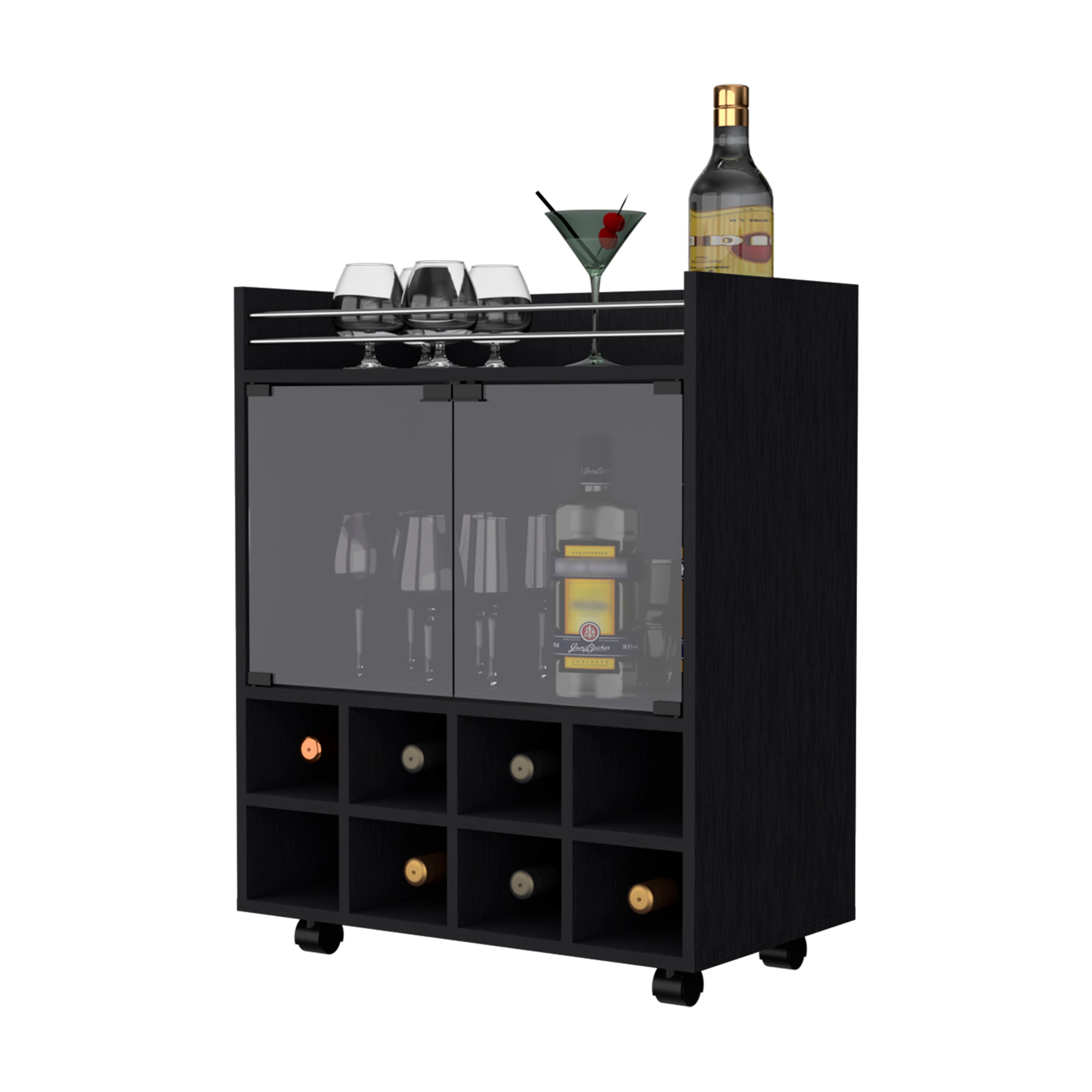 Bradley Black 8-Bottle Rack Bar Cart