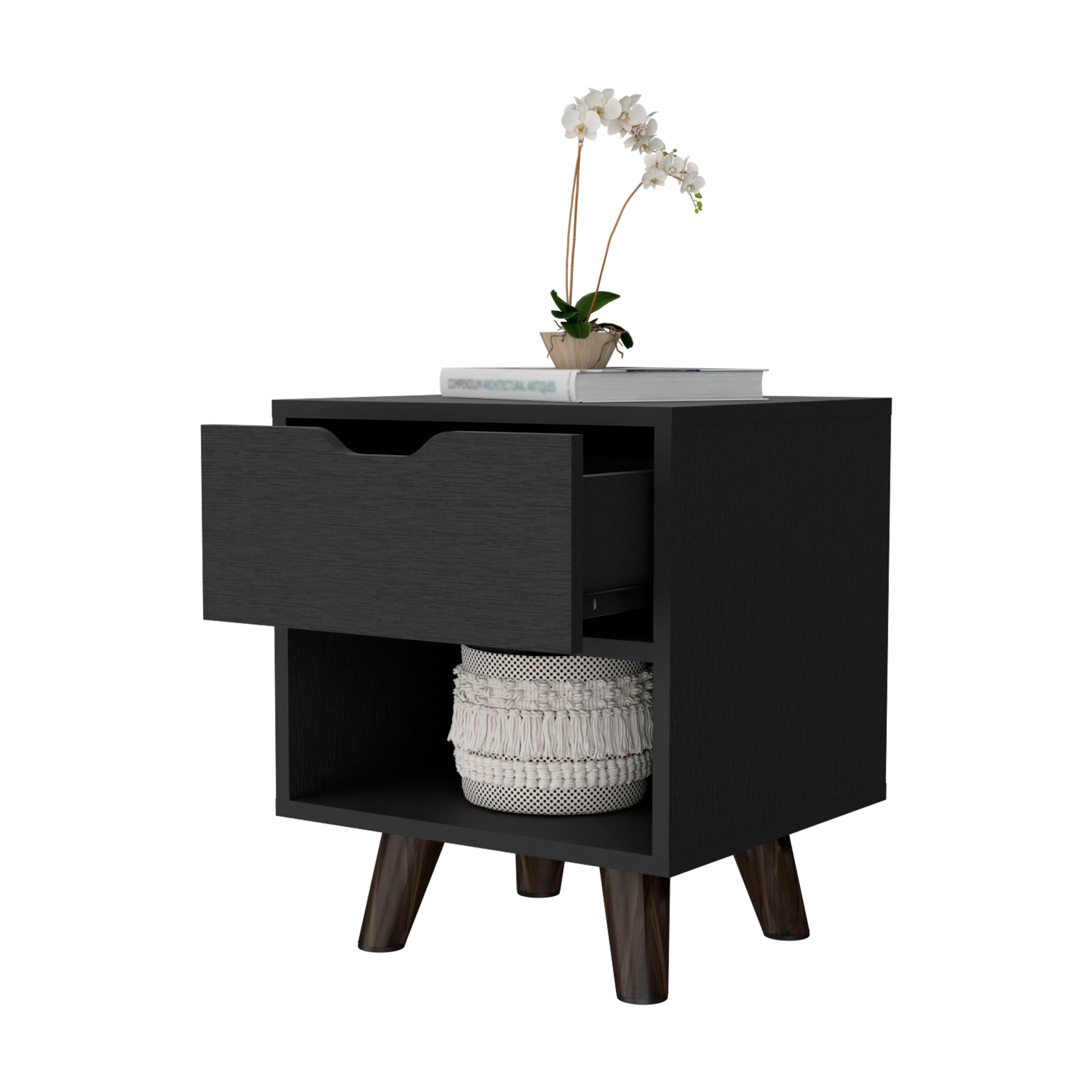 Black 1-Open Storage Shelf Nightstand