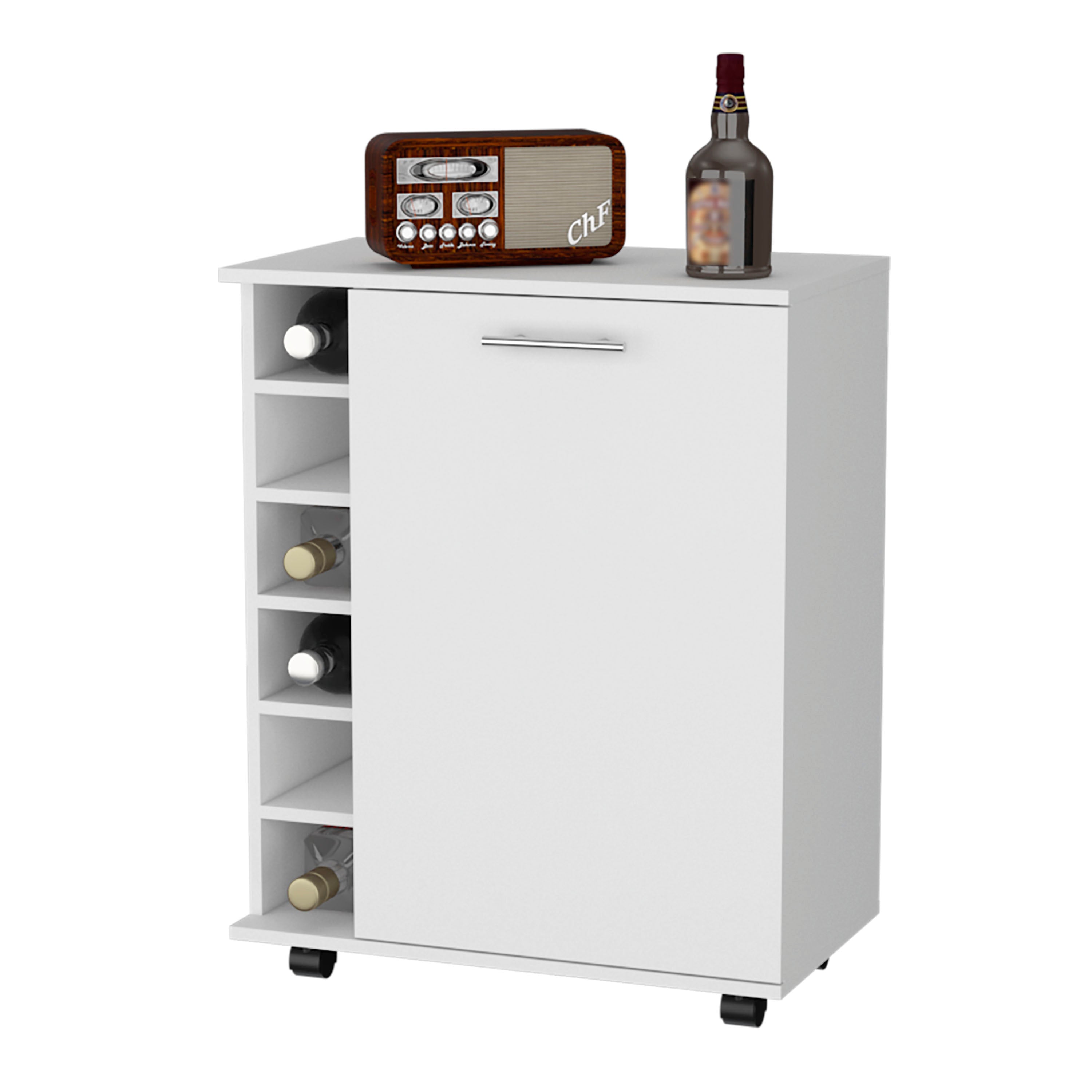 White 6-Bottle Rack Bar Cart