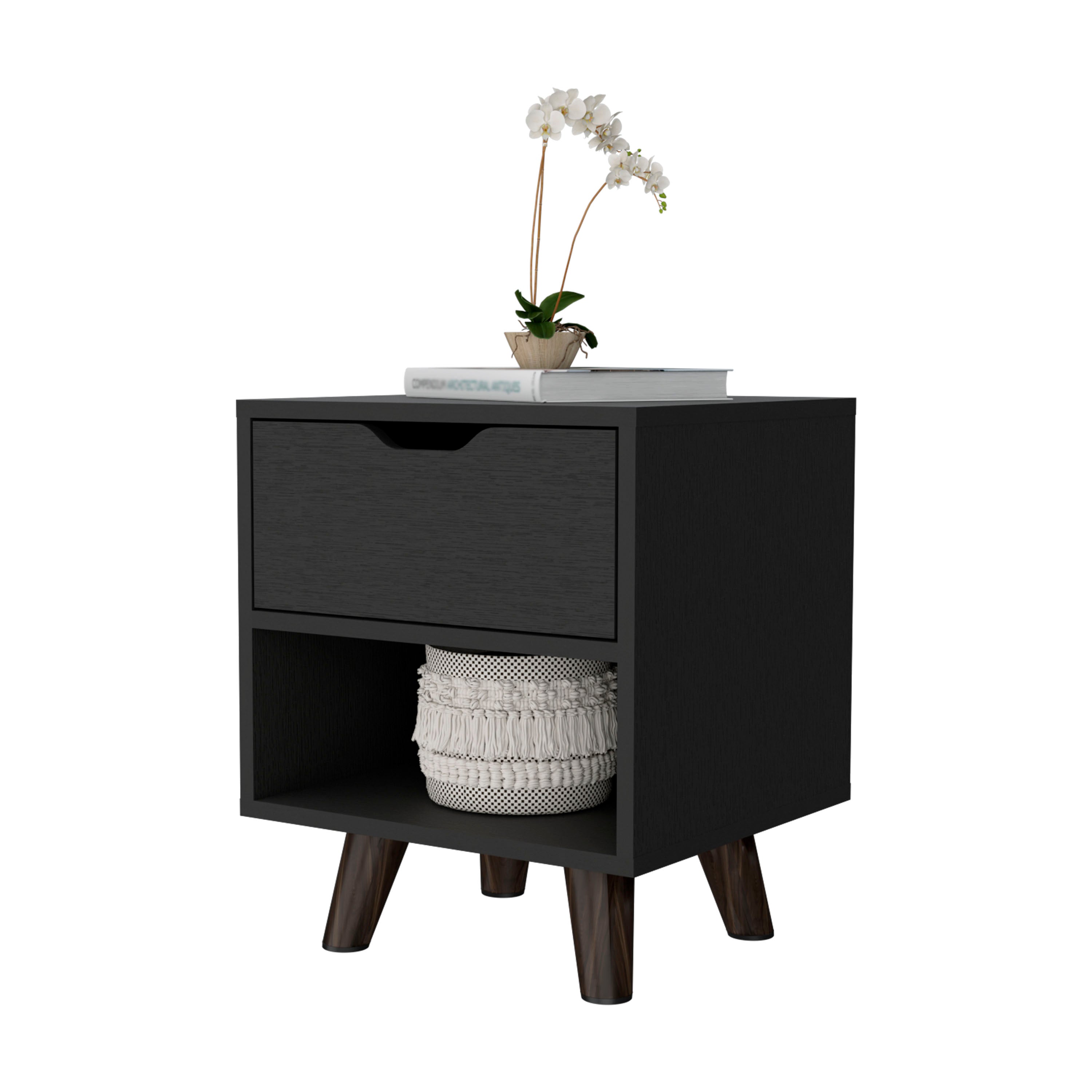 Black 1-Open Storage Shelf Nightstand