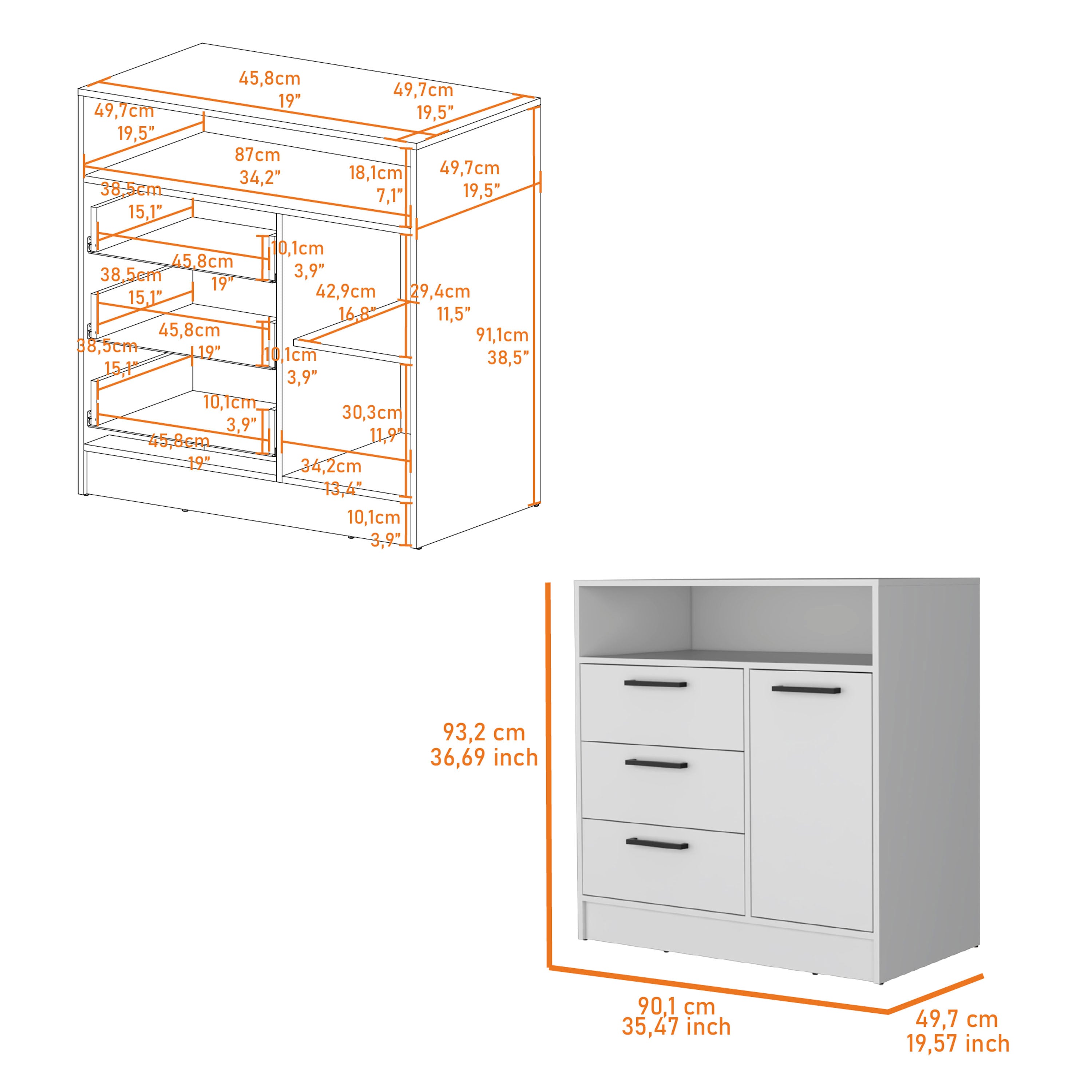 White Open Storage Shelf 3 Drawer Dresser