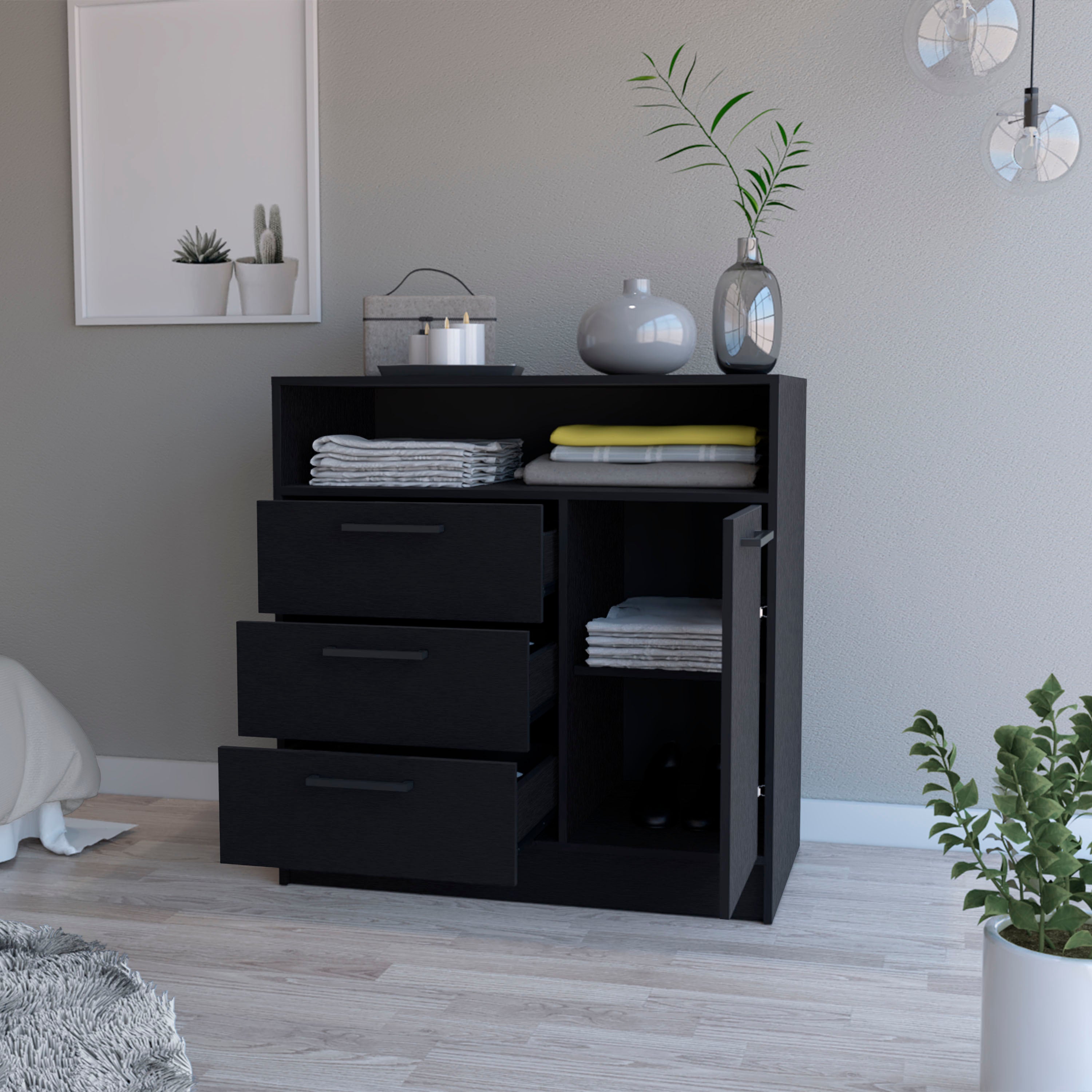 Black Open Storage Shelf 3 Drawer Dresser