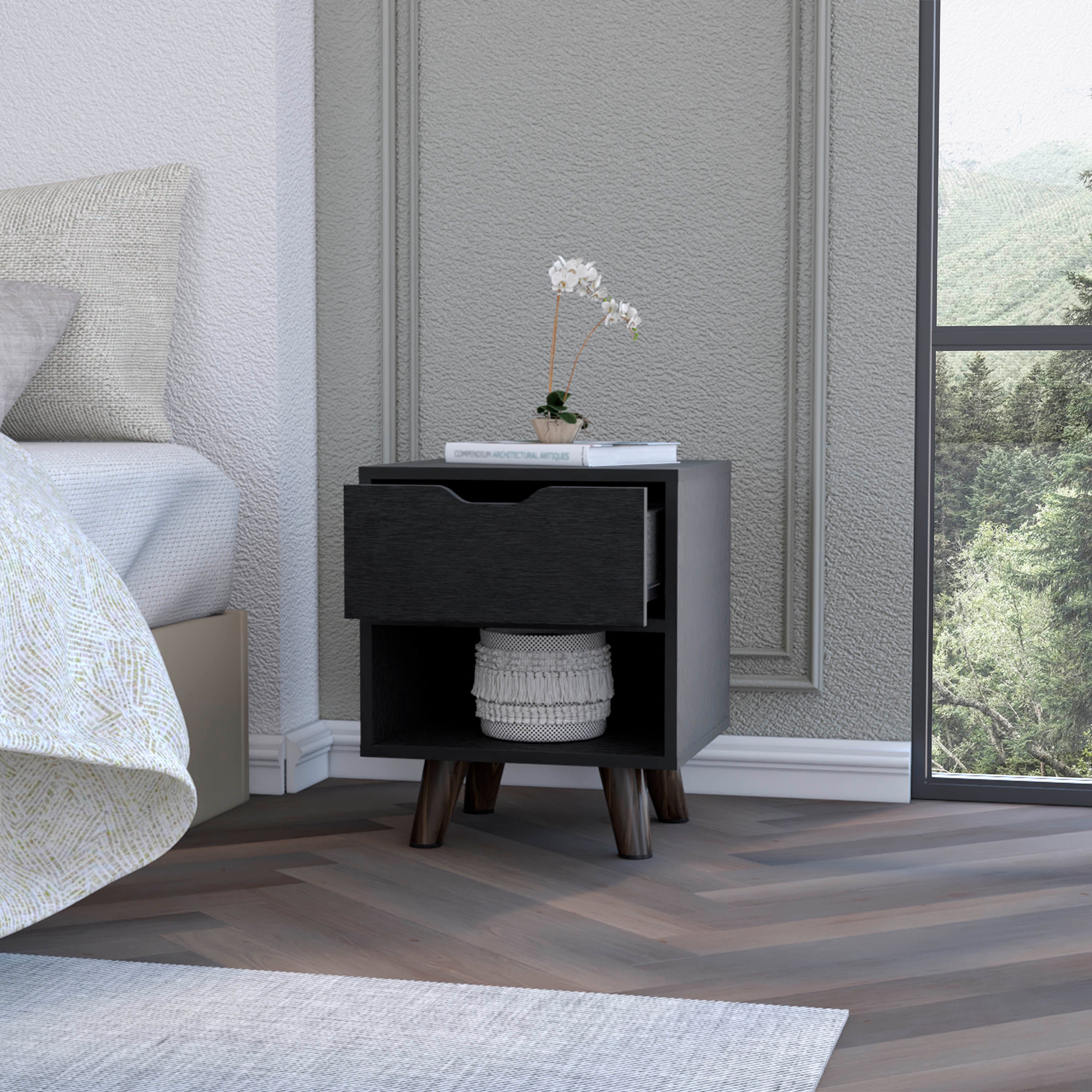 Black 1-Open Storage Shelf Nightstand