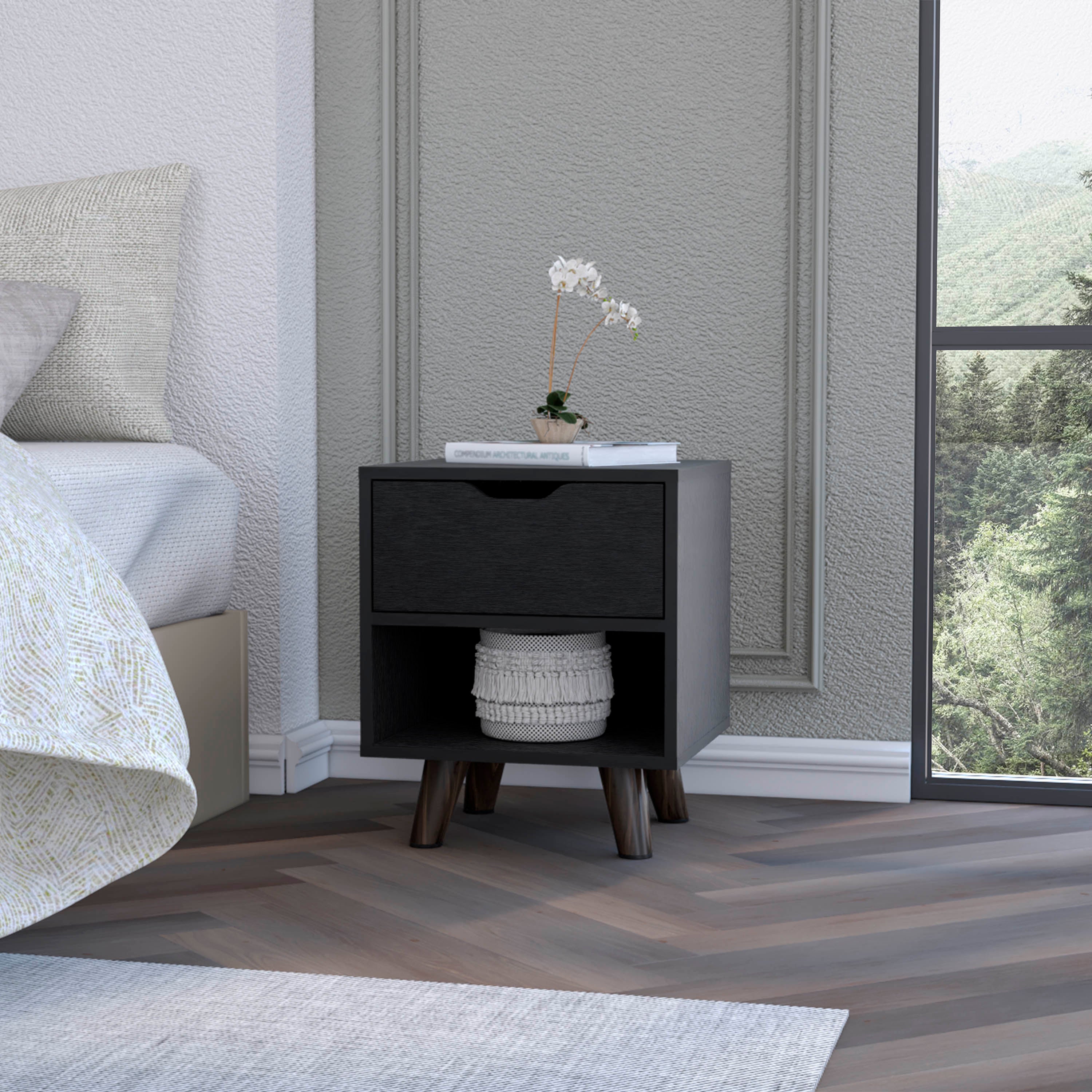 Black 1-Open Storage Shelf Nightstand