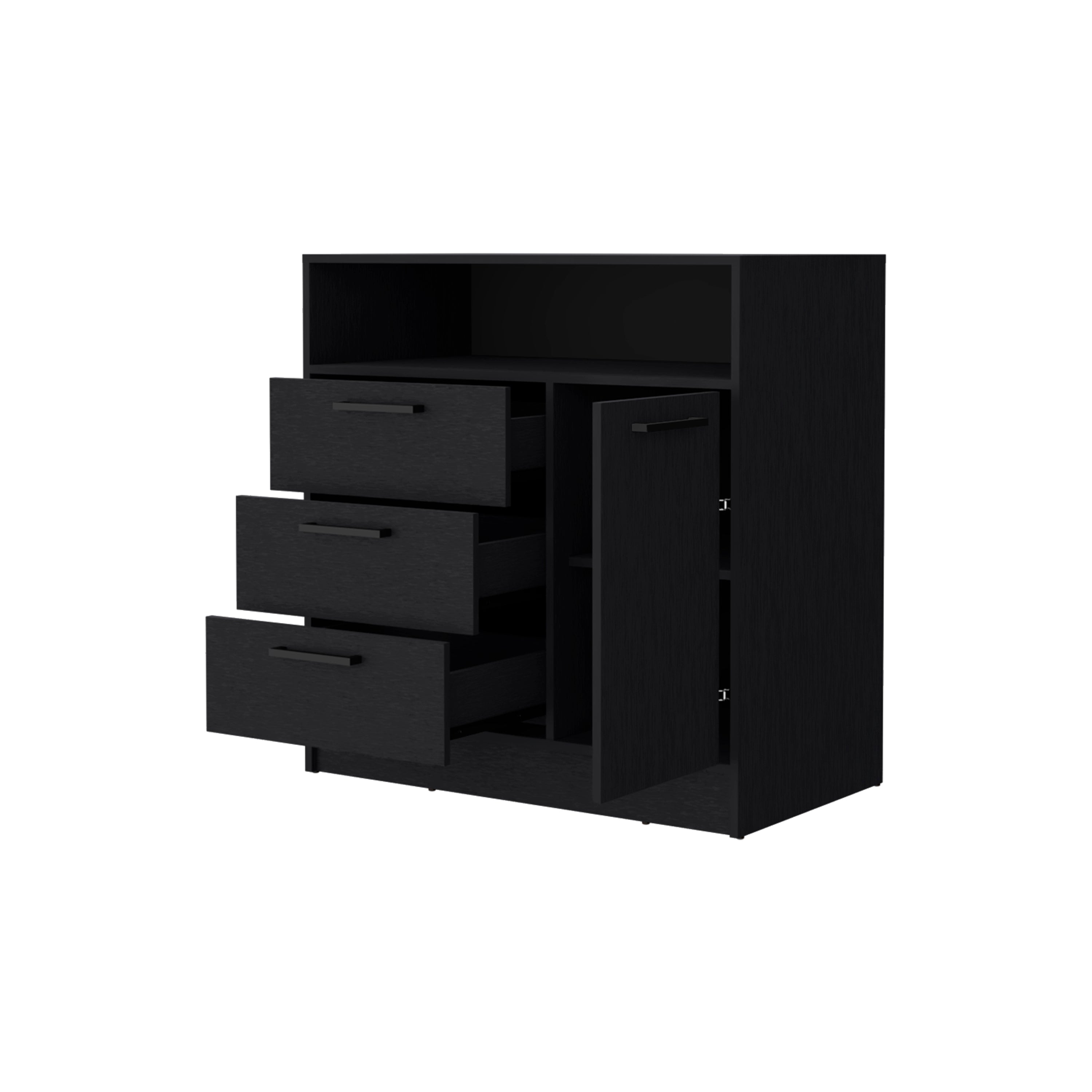 Black Open Storage Shelf 3 Drawer Dresser