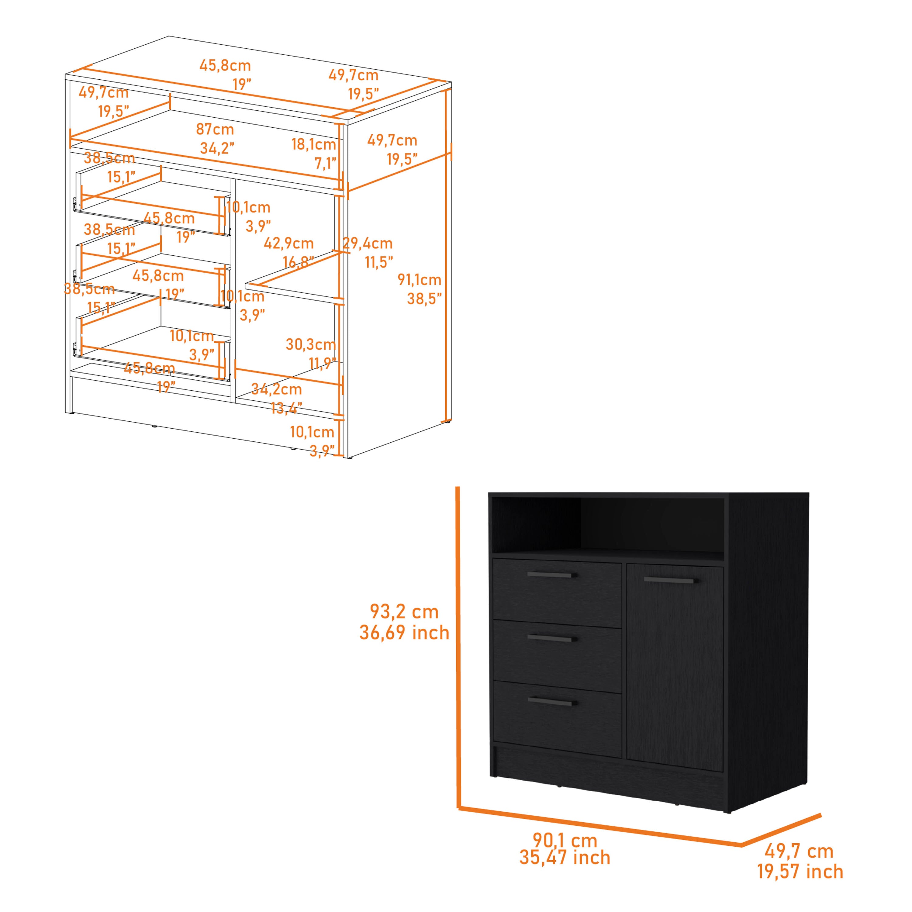 Black Open Storage Shelf 3 Drawer Dresser