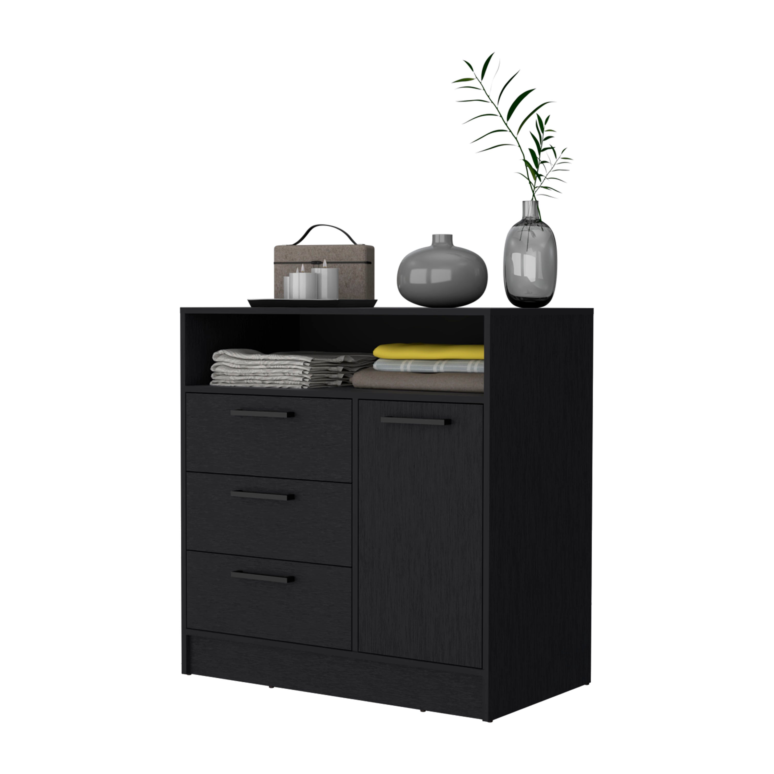 Black Open Storage Shelf 3 Drawer Dresser