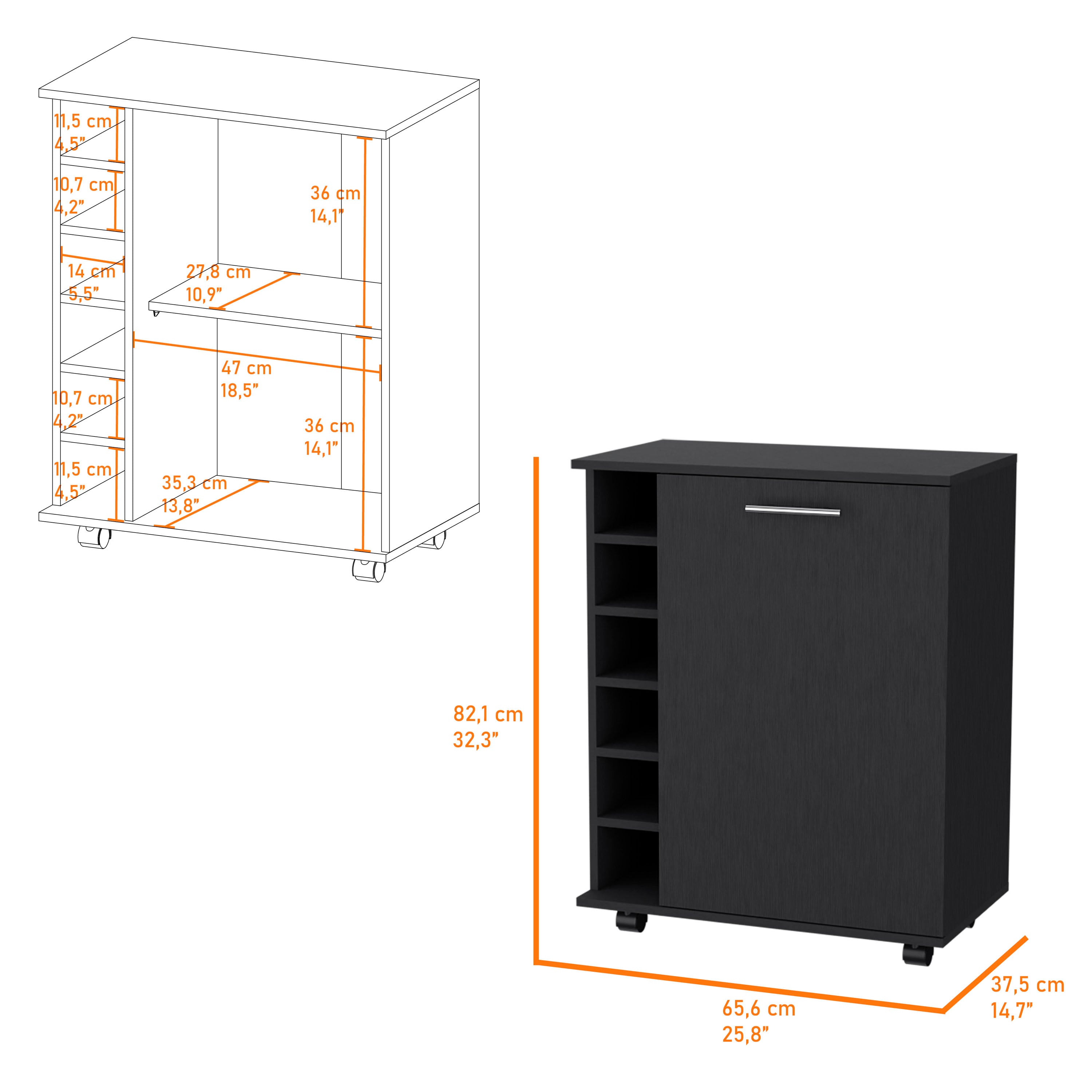 Black 6-Bottle Rack Bar Cart