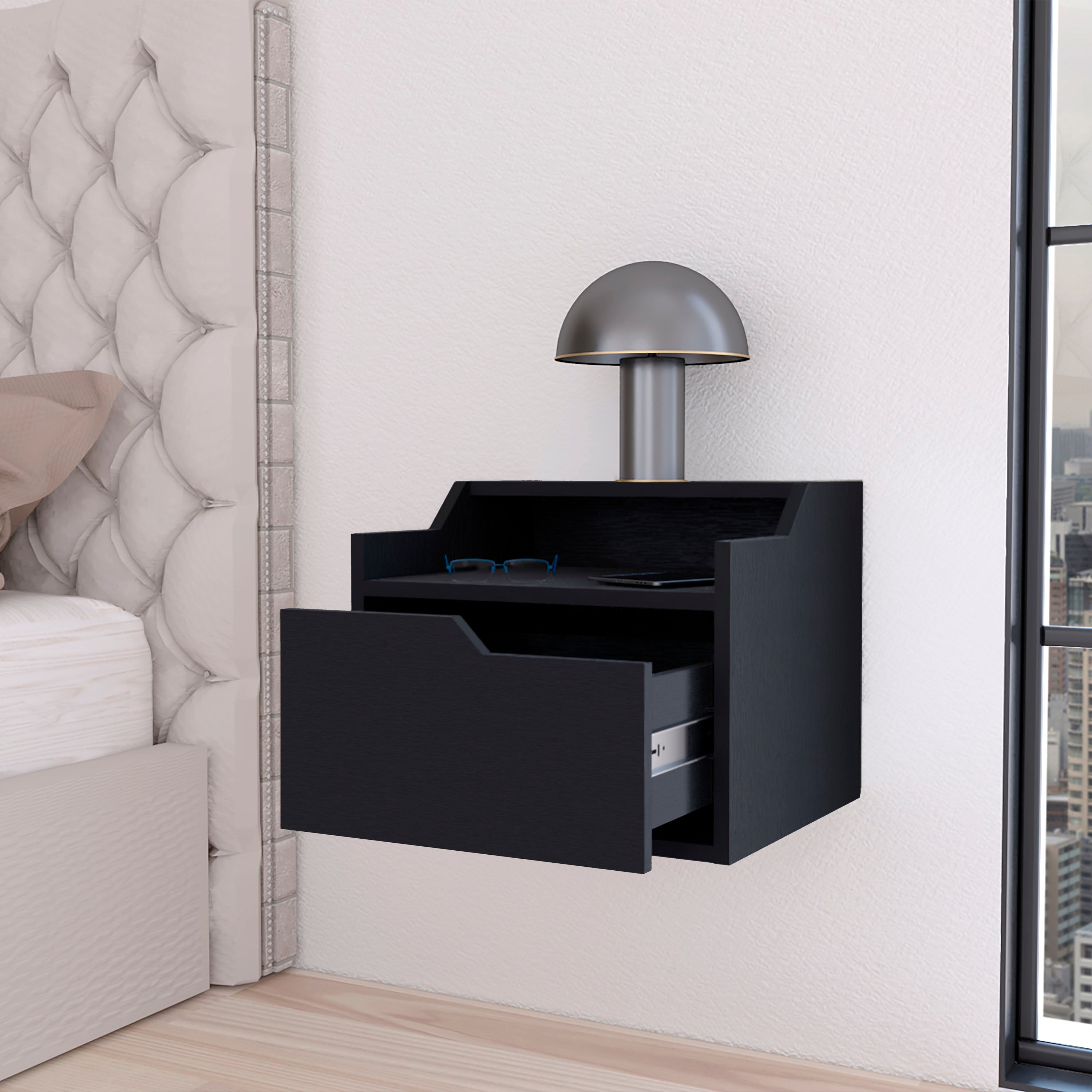 Black Dual-Shelf Display Floating Nightstand