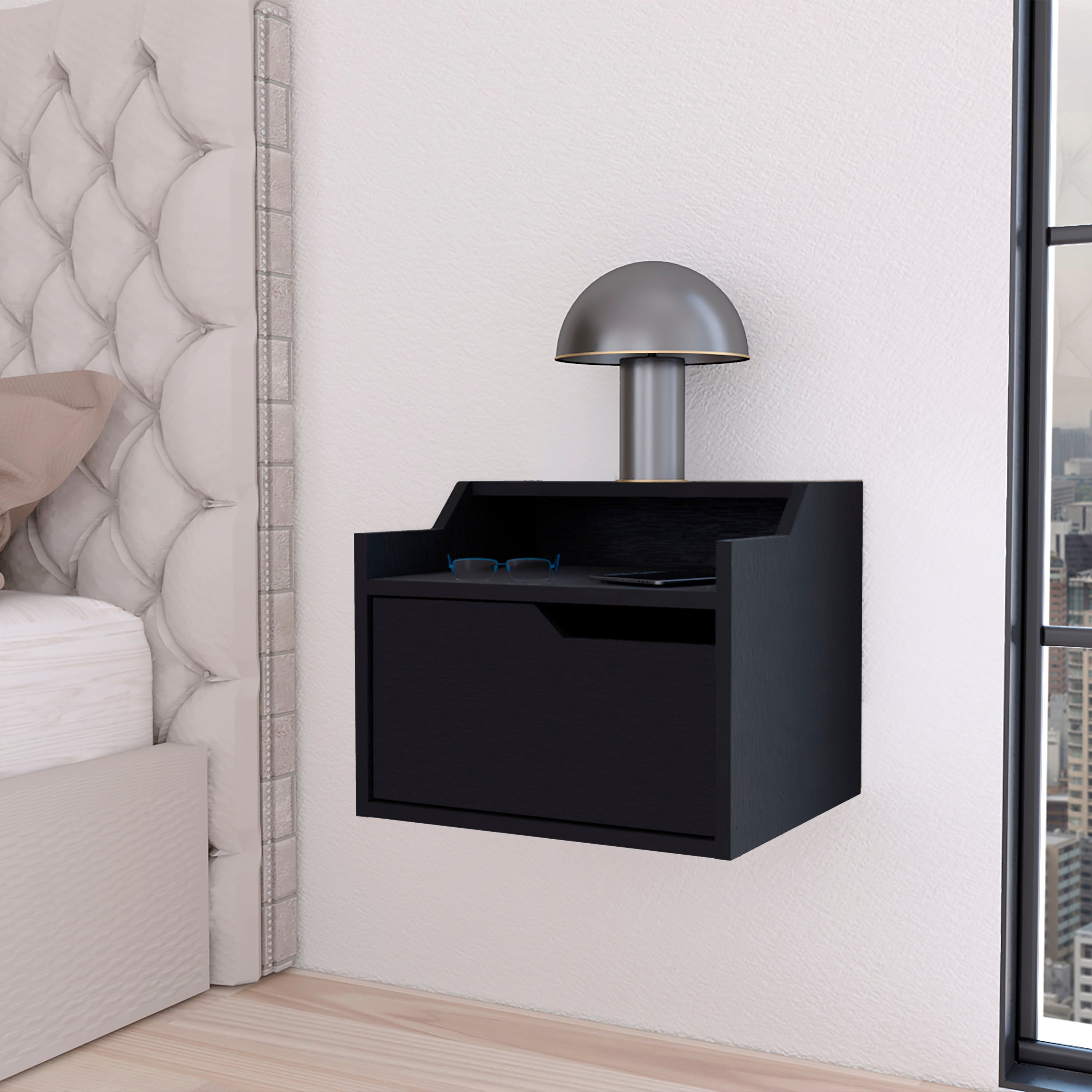 Black Dual-Shelf Display Floating Nightstand