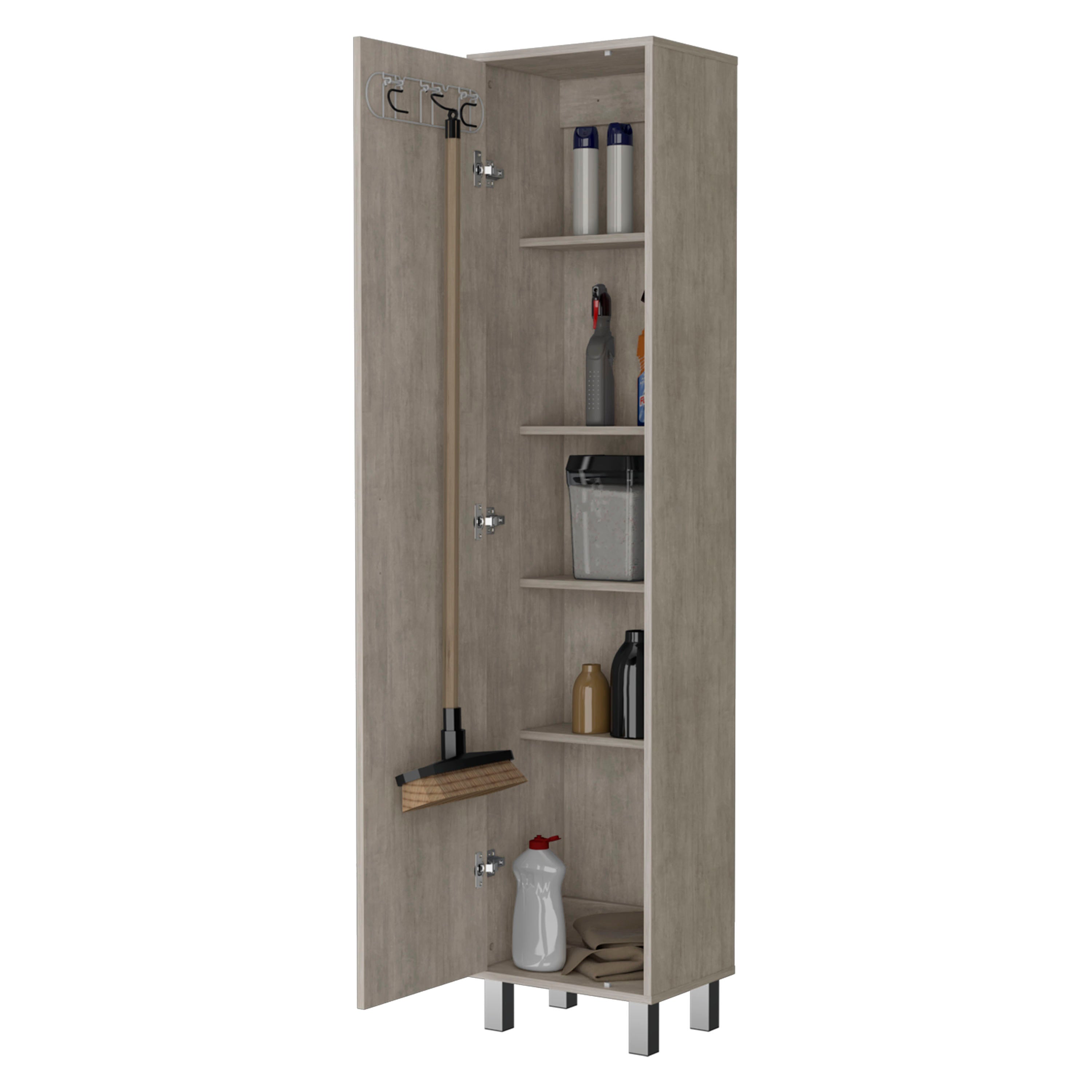 Concrete Gray 3 Broom Hangers Tall Storage Cabinet