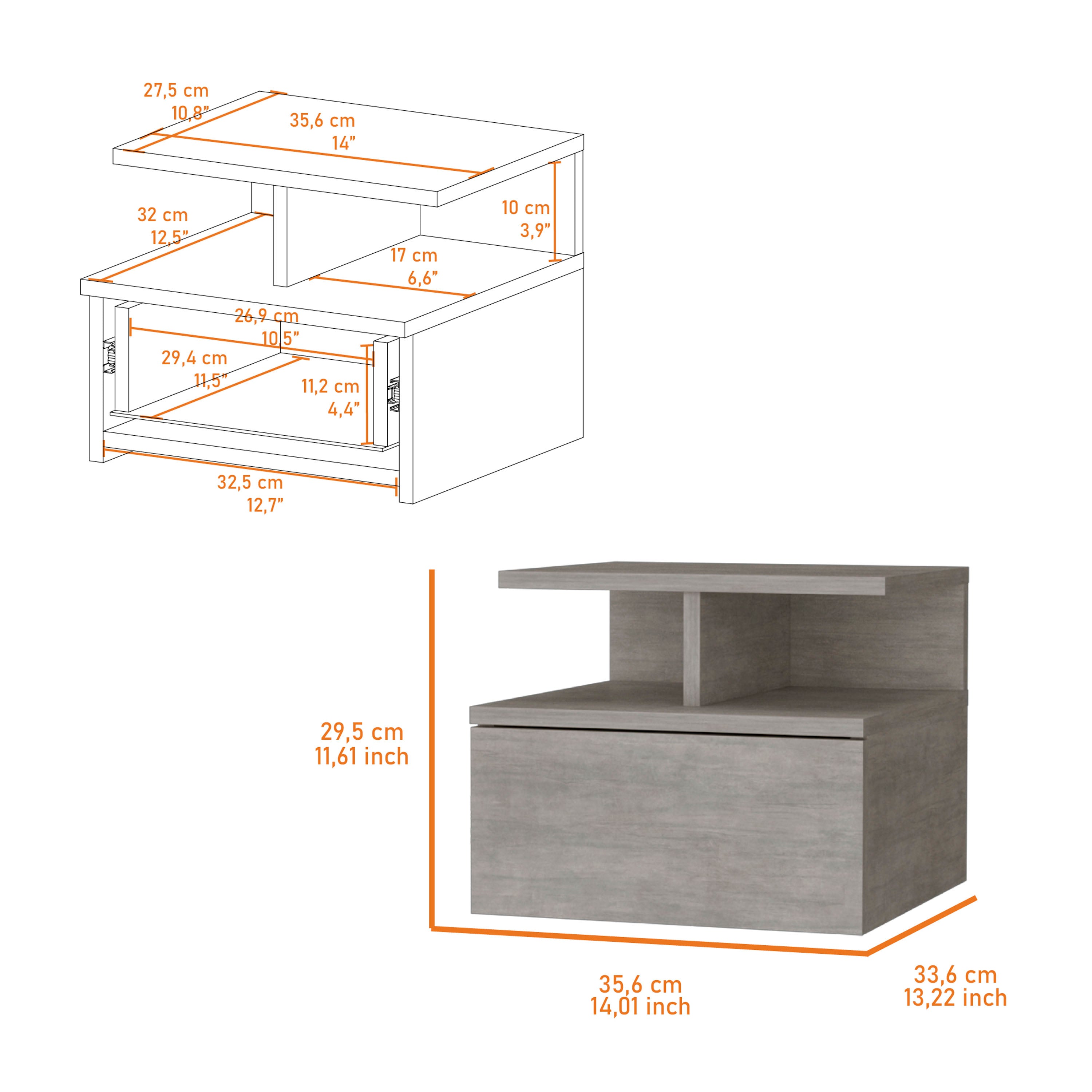 Concrete Gray 2-Tier Shelf Floating Nightstand