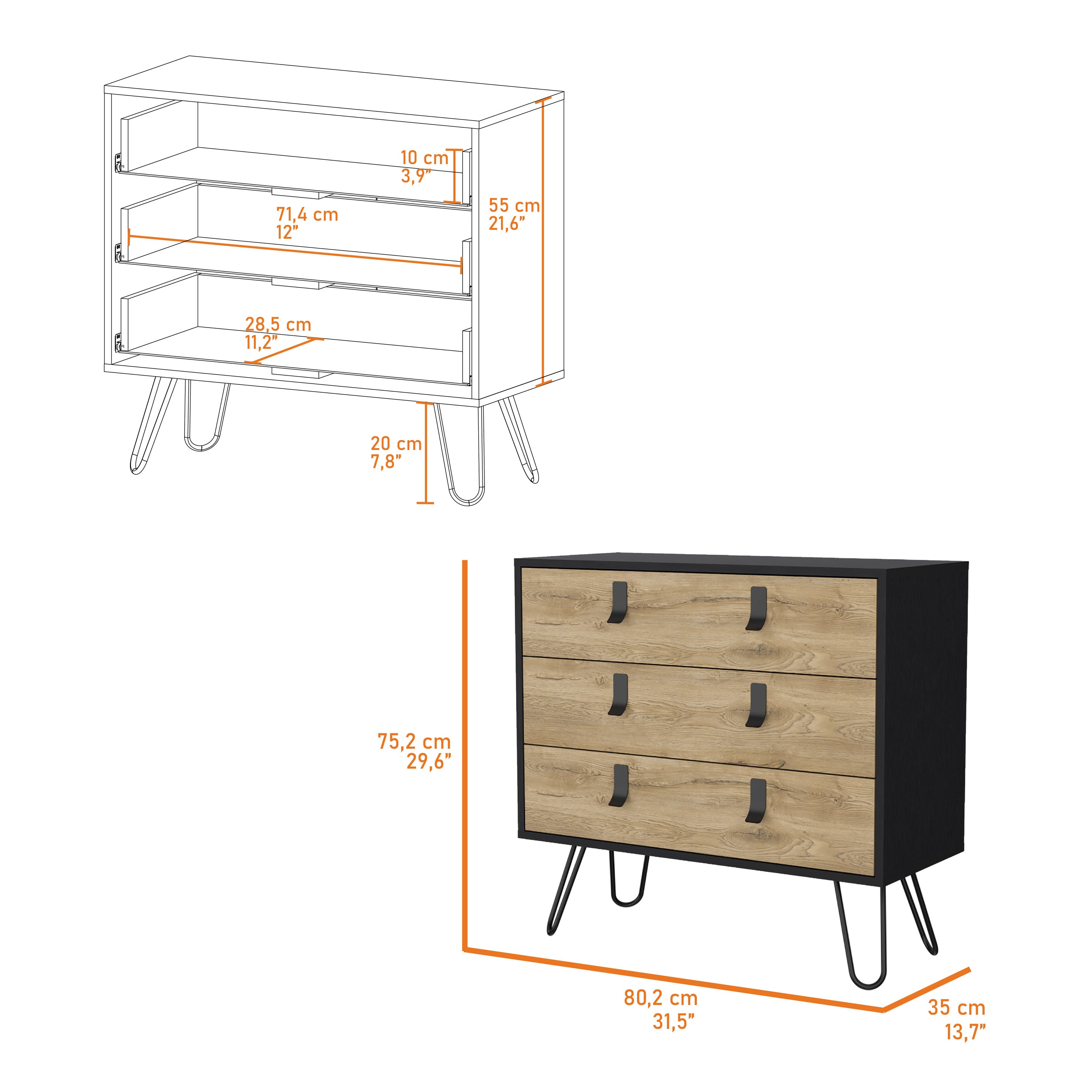 Black and Macadamia 3-Drawer Dresser