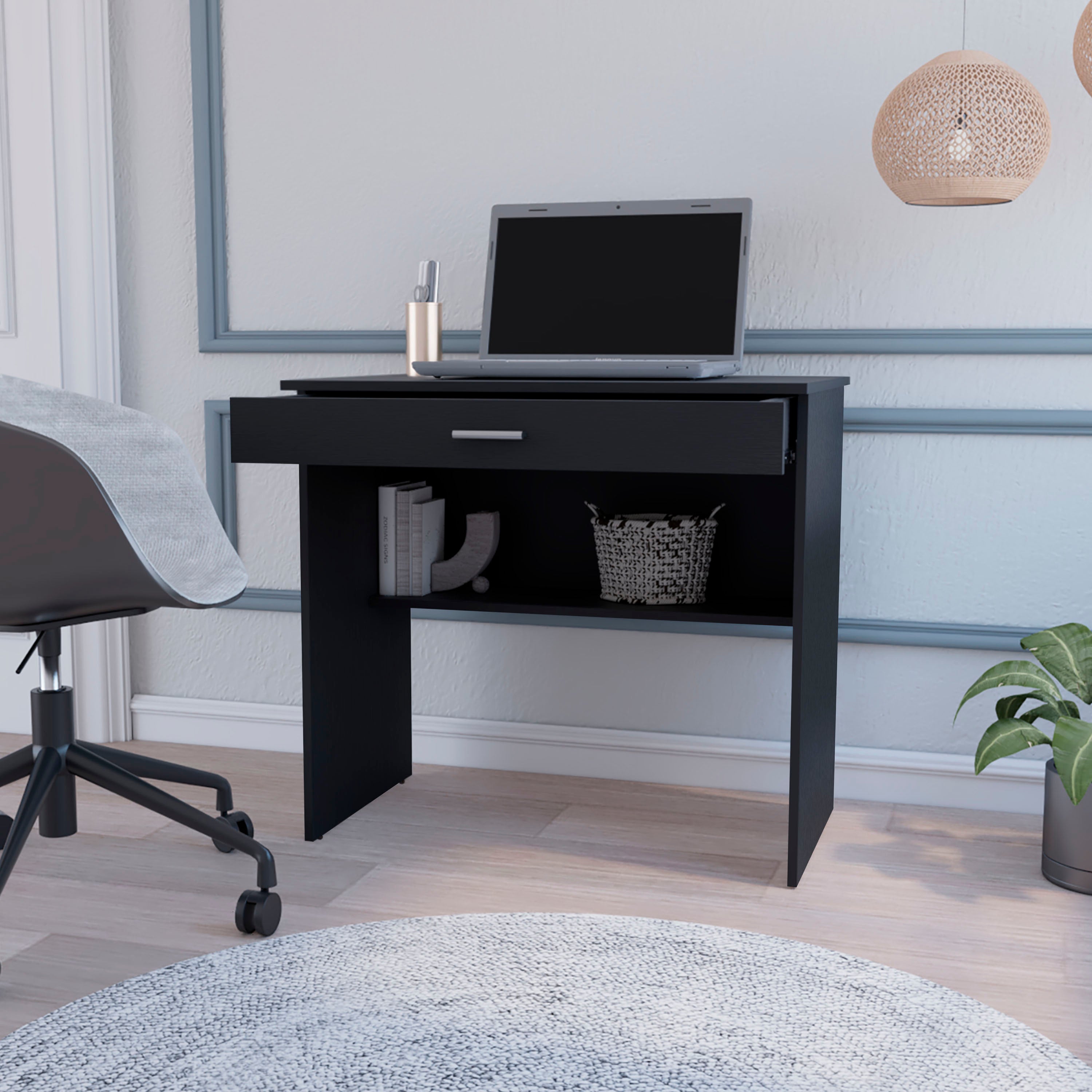 Black Storage Desk with Drawer and Shelf