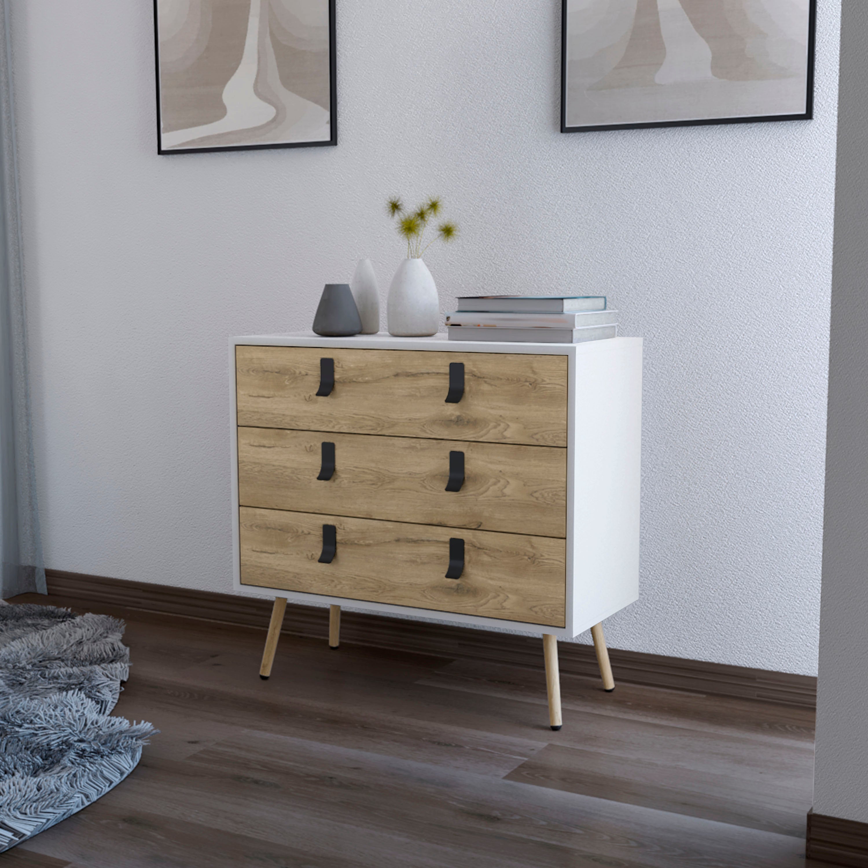 White and Macadamia 3-Drawer Dresser