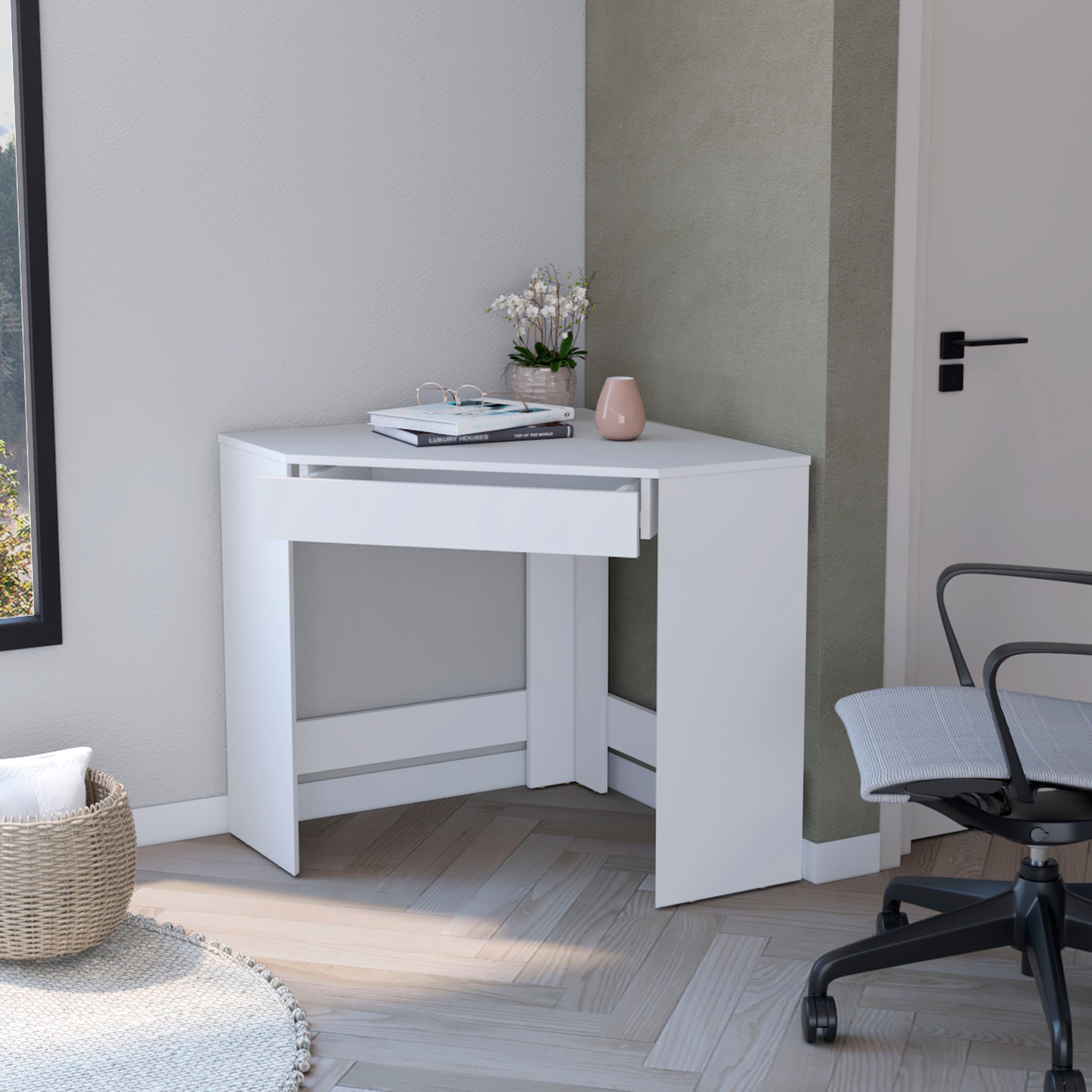 White Spacious Drawer Corner Desk