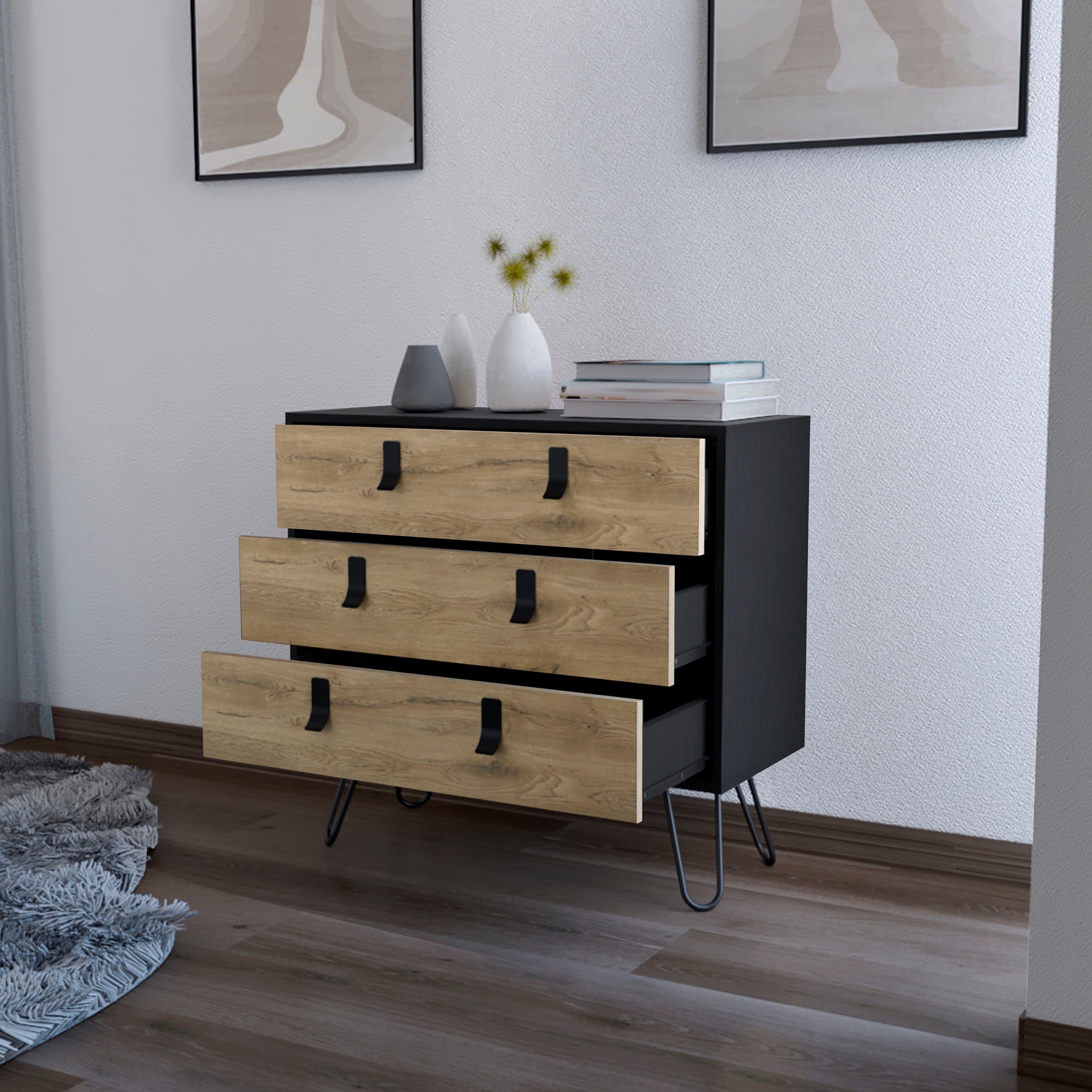 Black and Macadamia 3-Drawer Dresser