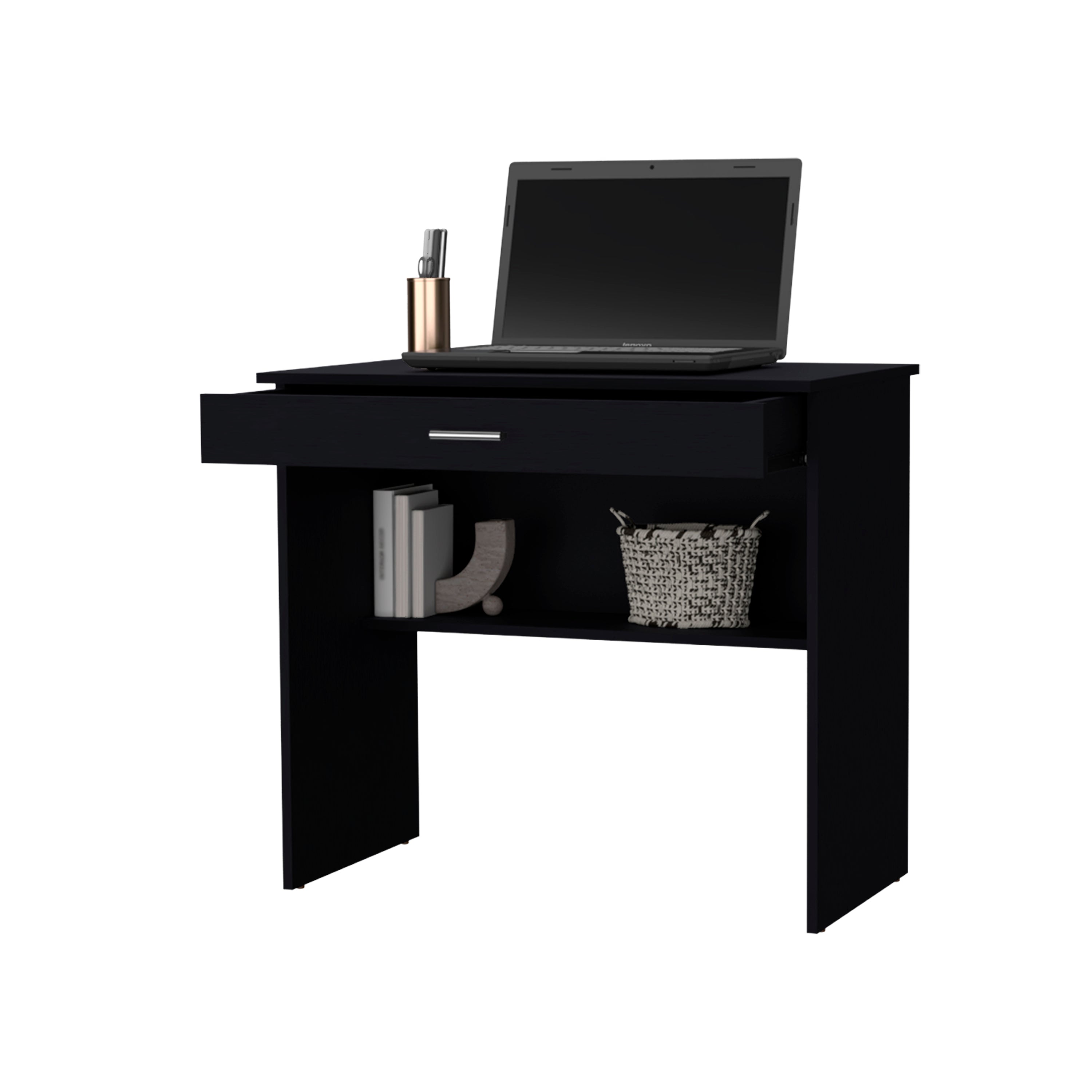 Black Storage Desk with Drawer and Shelf