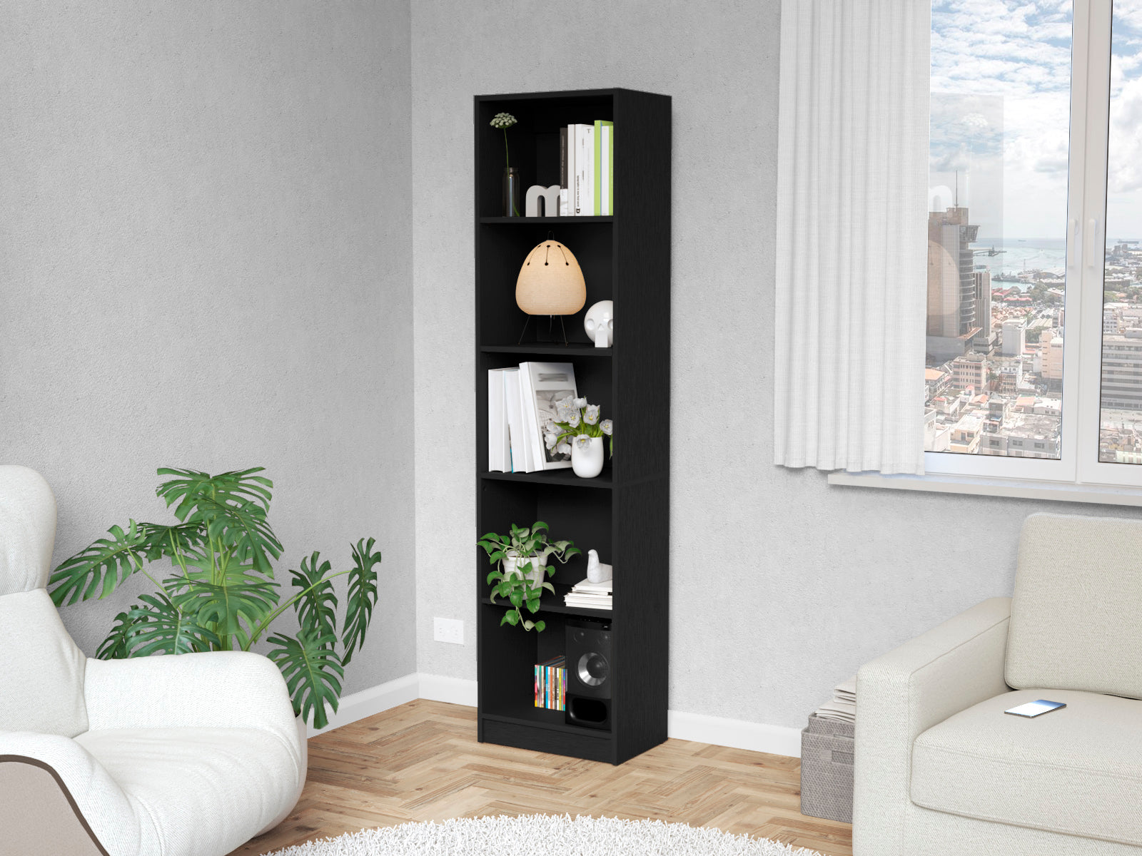 Zachary Black 5-Shelf Slim Bookcase