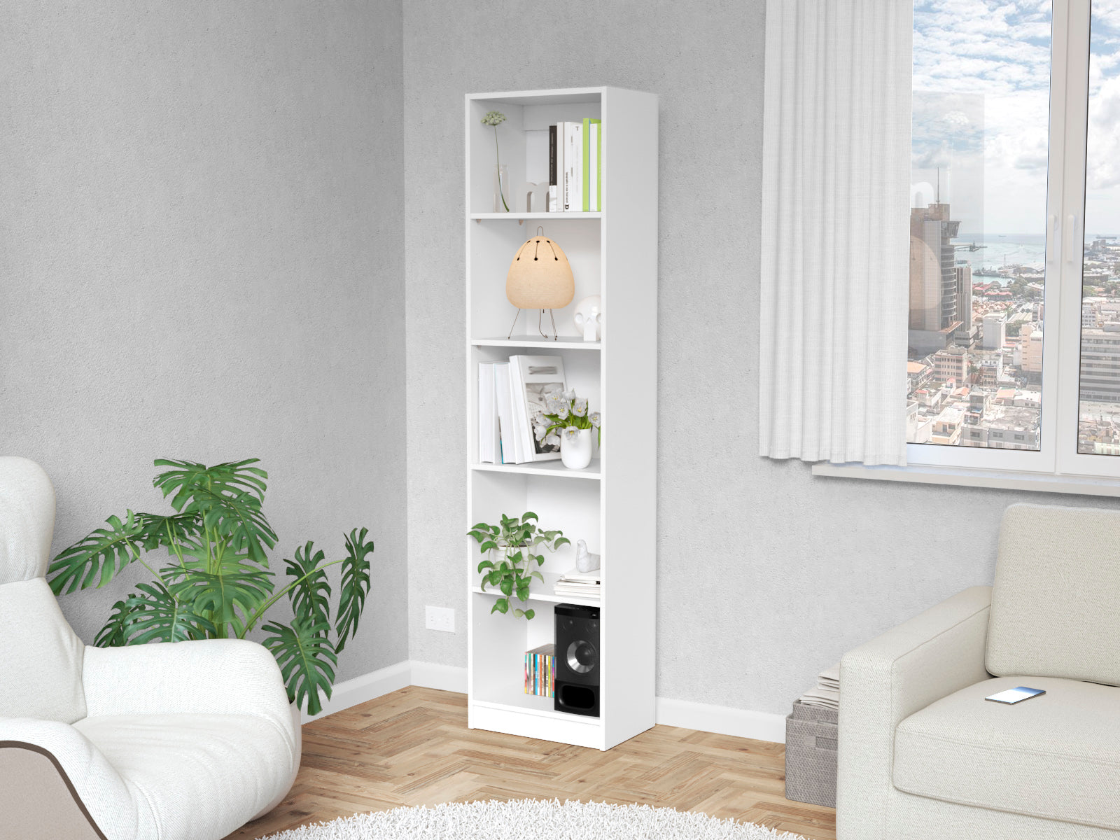 White 5-Shelf Slim Bookcase