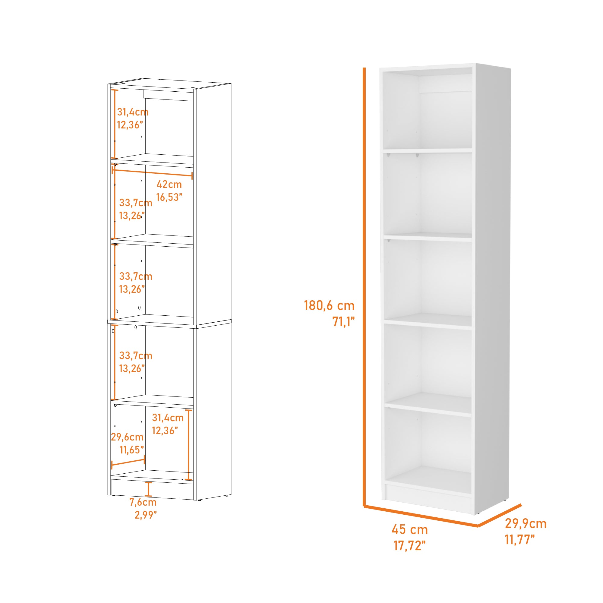 White 5-Shelf Slim Bookcase