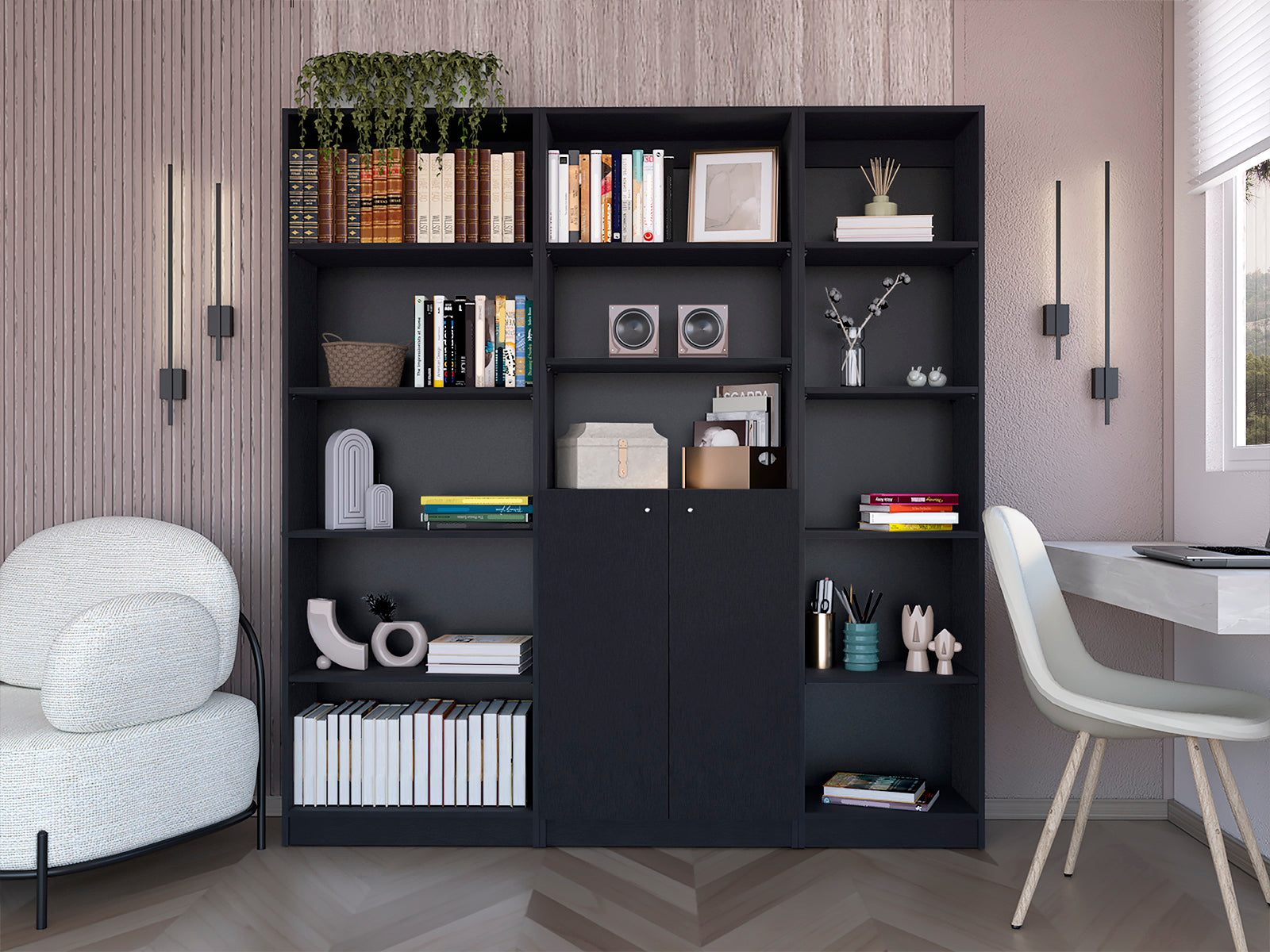 Black 3 Piece Living Room Set with 3 Bookcases