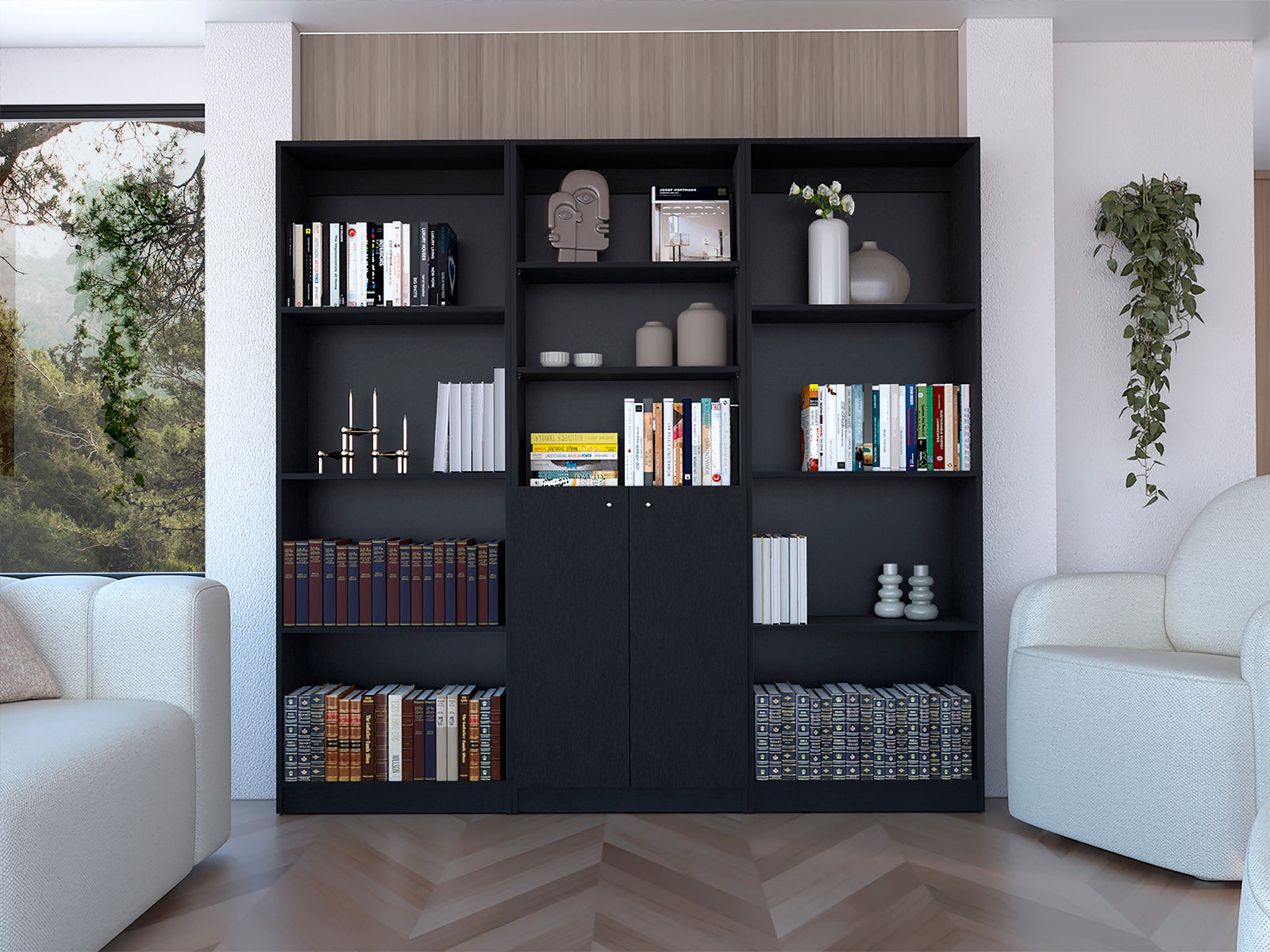 Black 3 Piece Living Room Set with 3 Bookcases