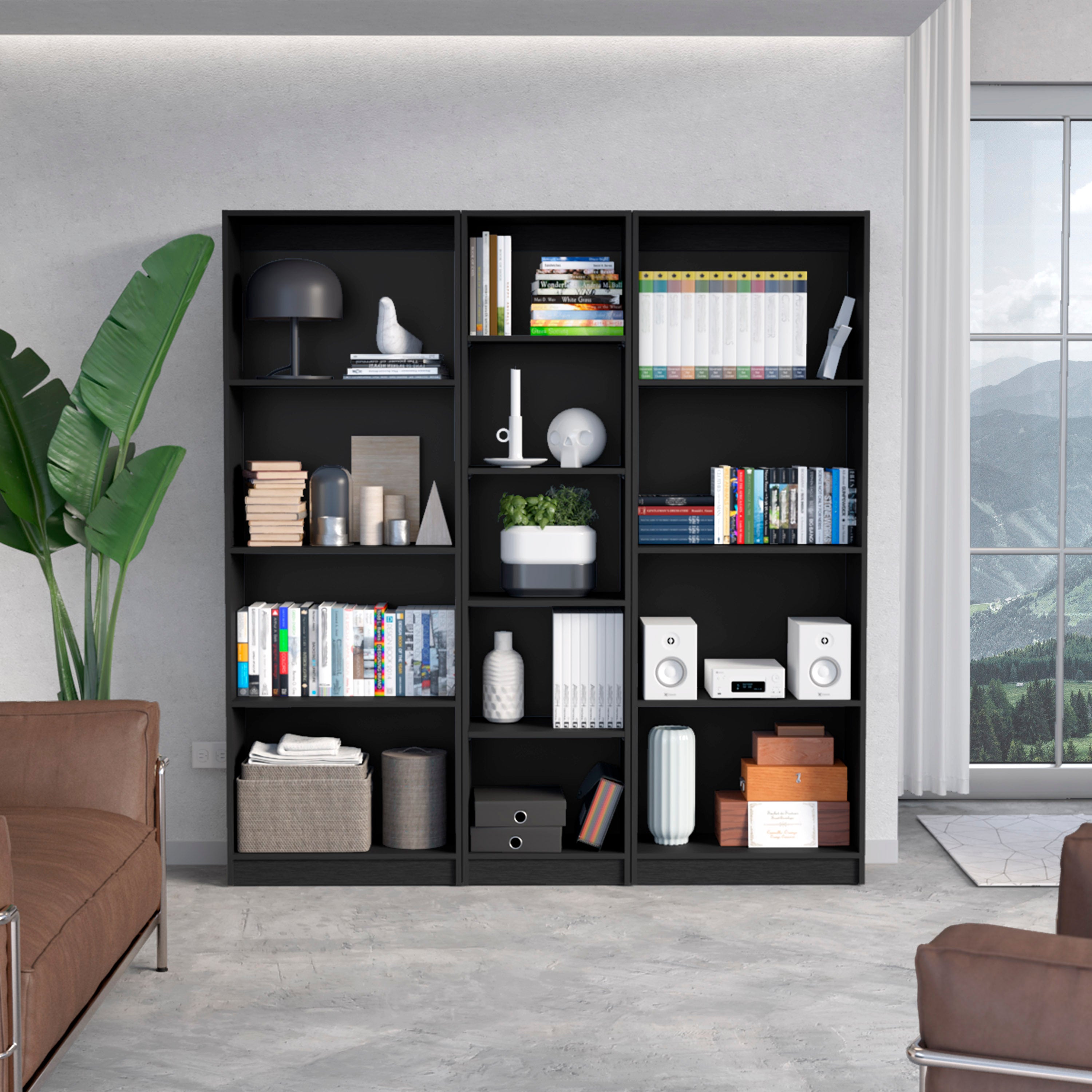 Black 3 Piece Living Room Set with 3 Bookcases