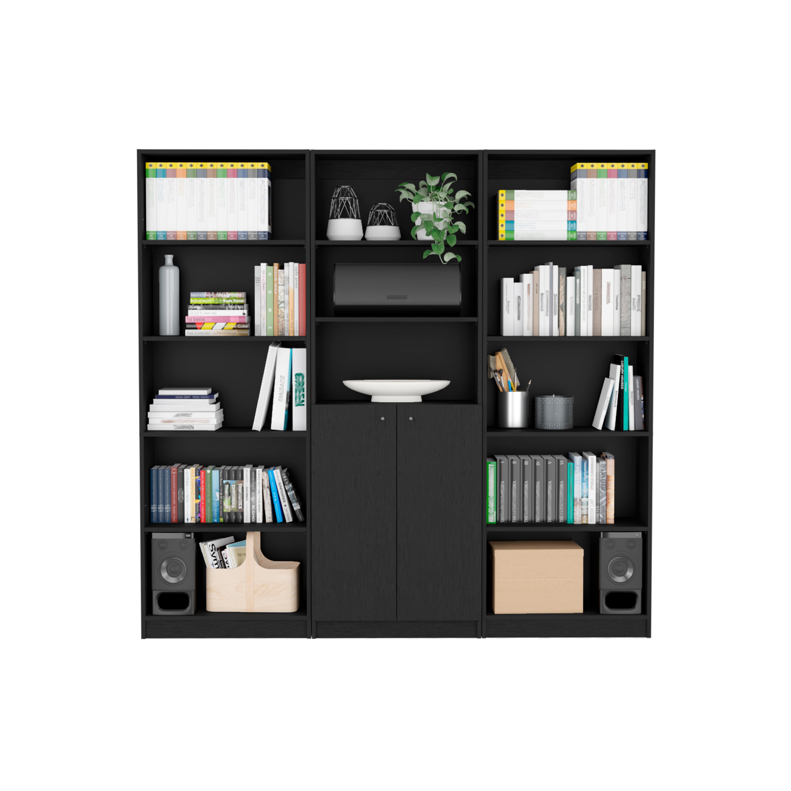 Black 3 Piece Living Room Set with 3 Bookcases