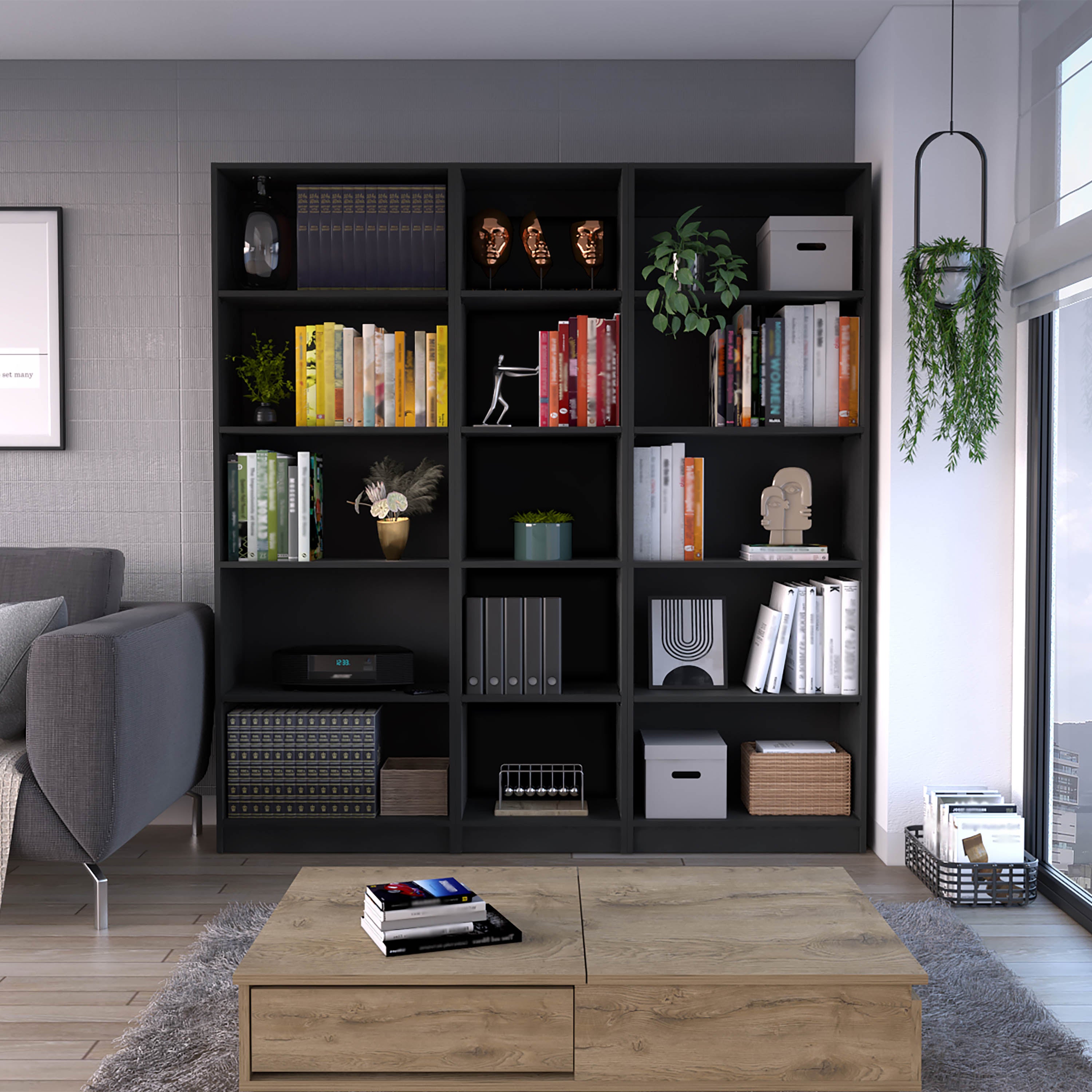 Black 3 Piece Living Room Set with 3 Bookcases