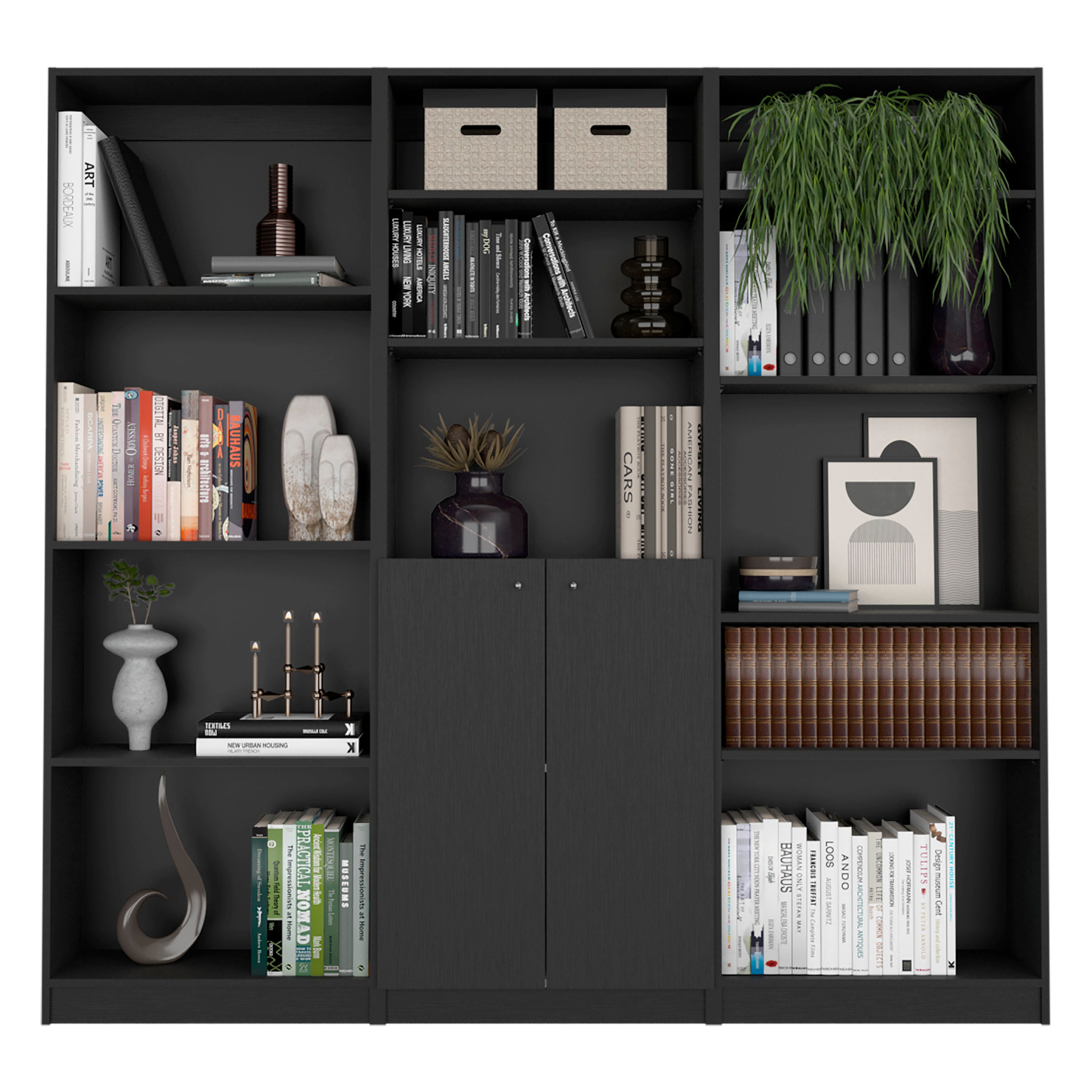 Black 3 Piece Living Room Set with 3 Bookcases