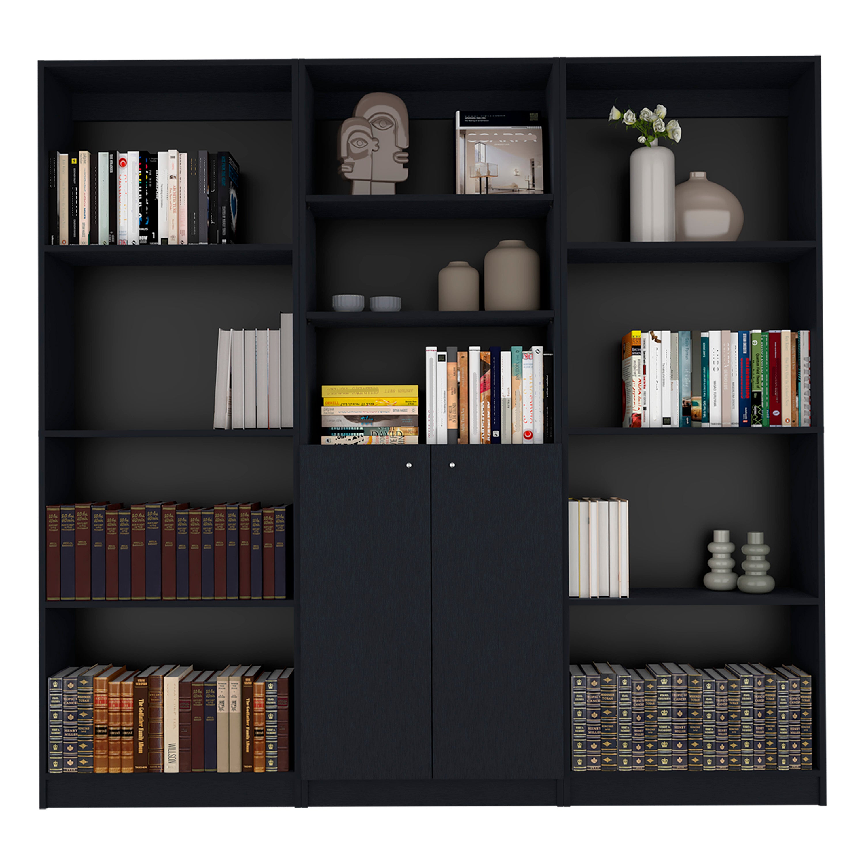 Black 3 Piece Living Room Set with 3 Bookcases