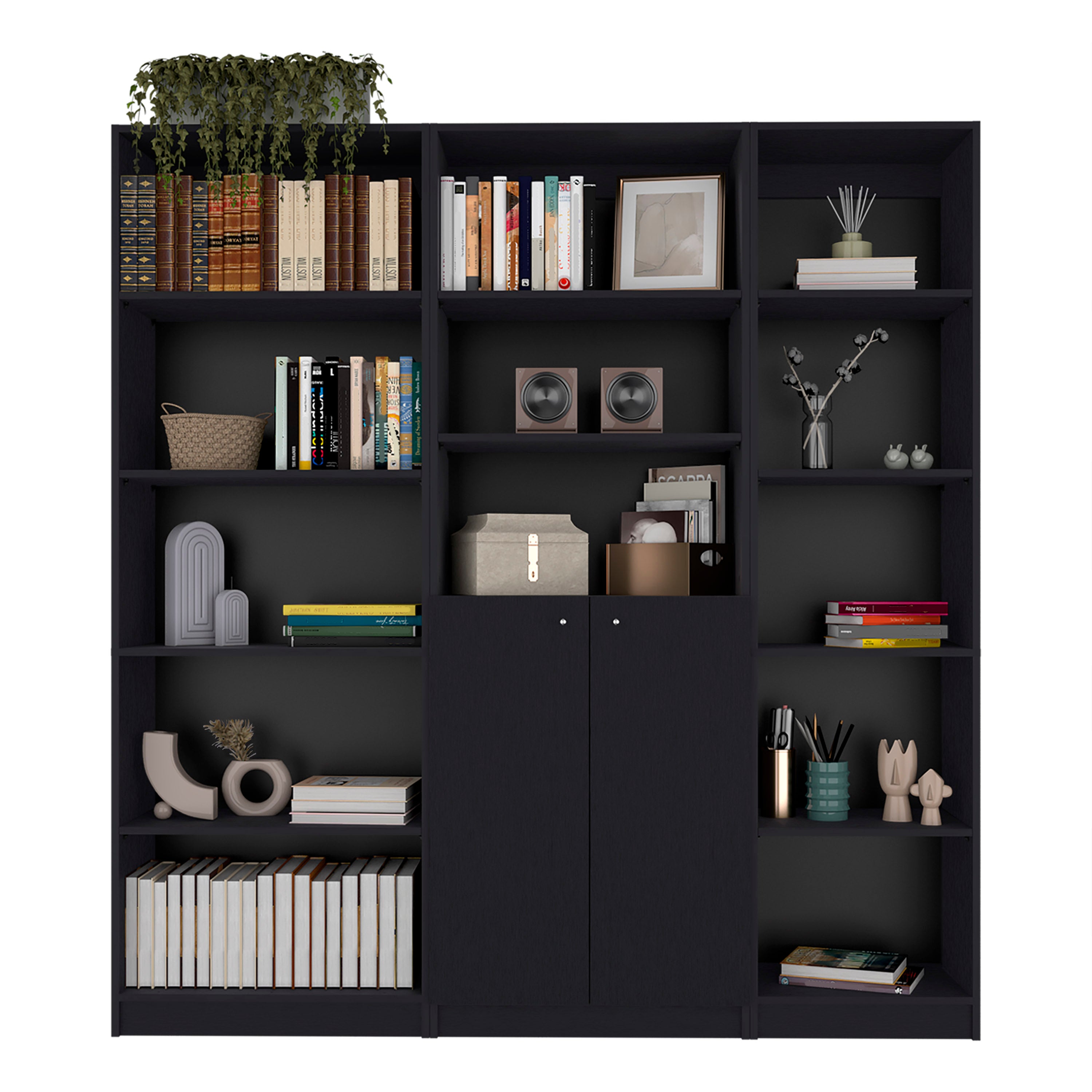 Black 3 Piece Living Room Set with 3 Bookcases