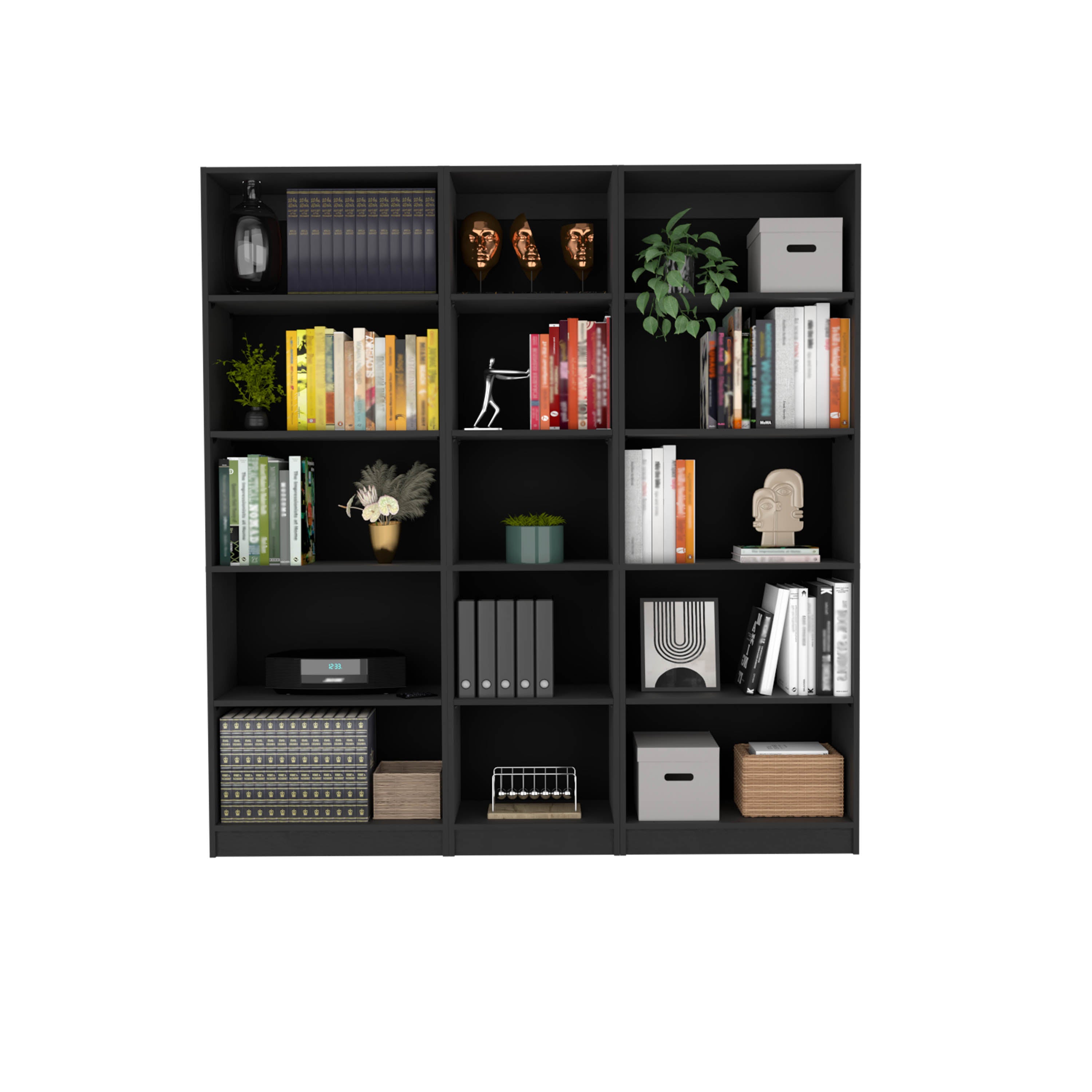 Black 3 Piece Living Room Set with 3 Bookcases