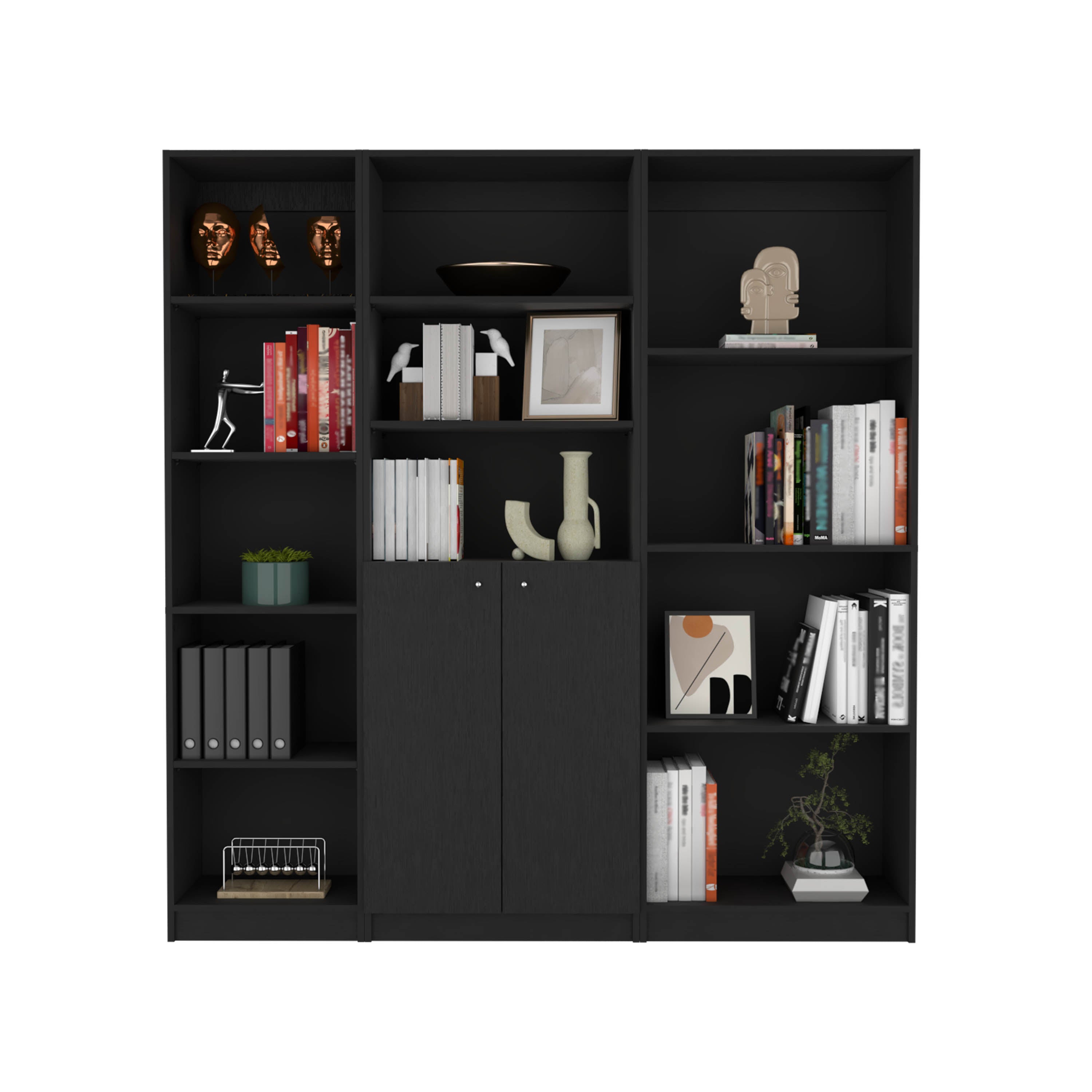 Black 3 Piece Living Room Set with 3 Bookcases