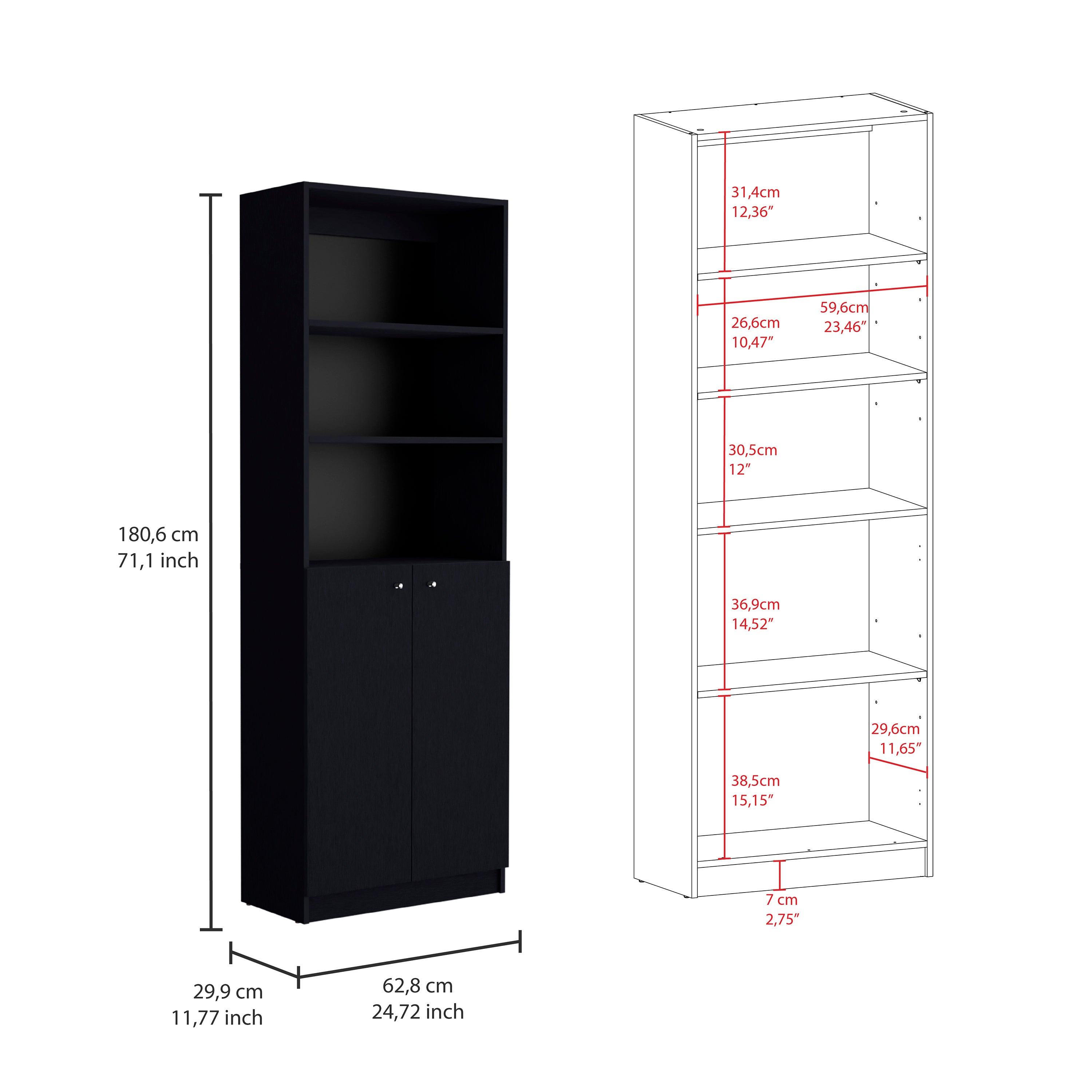 Isabella Black 3 Piece Living Room Set with 3 Bookcases