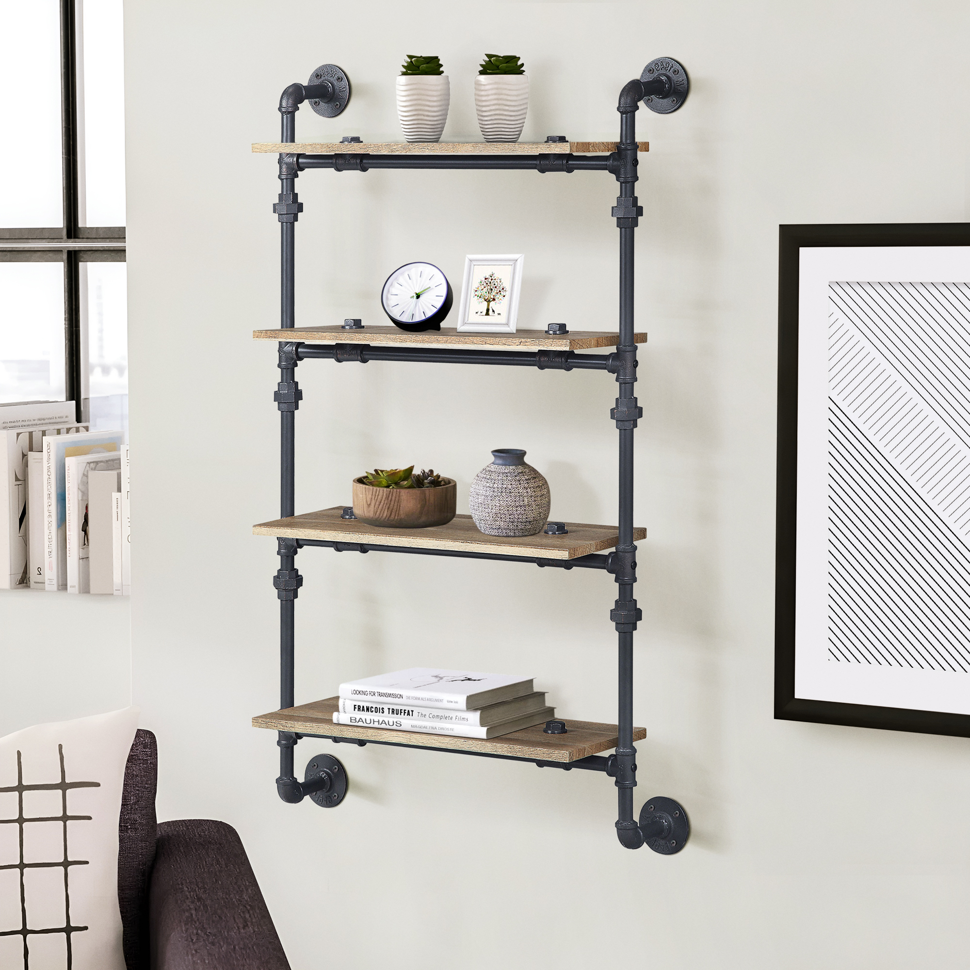 Oak and Sandy Black Rectangle 4-tier Wall Shelf