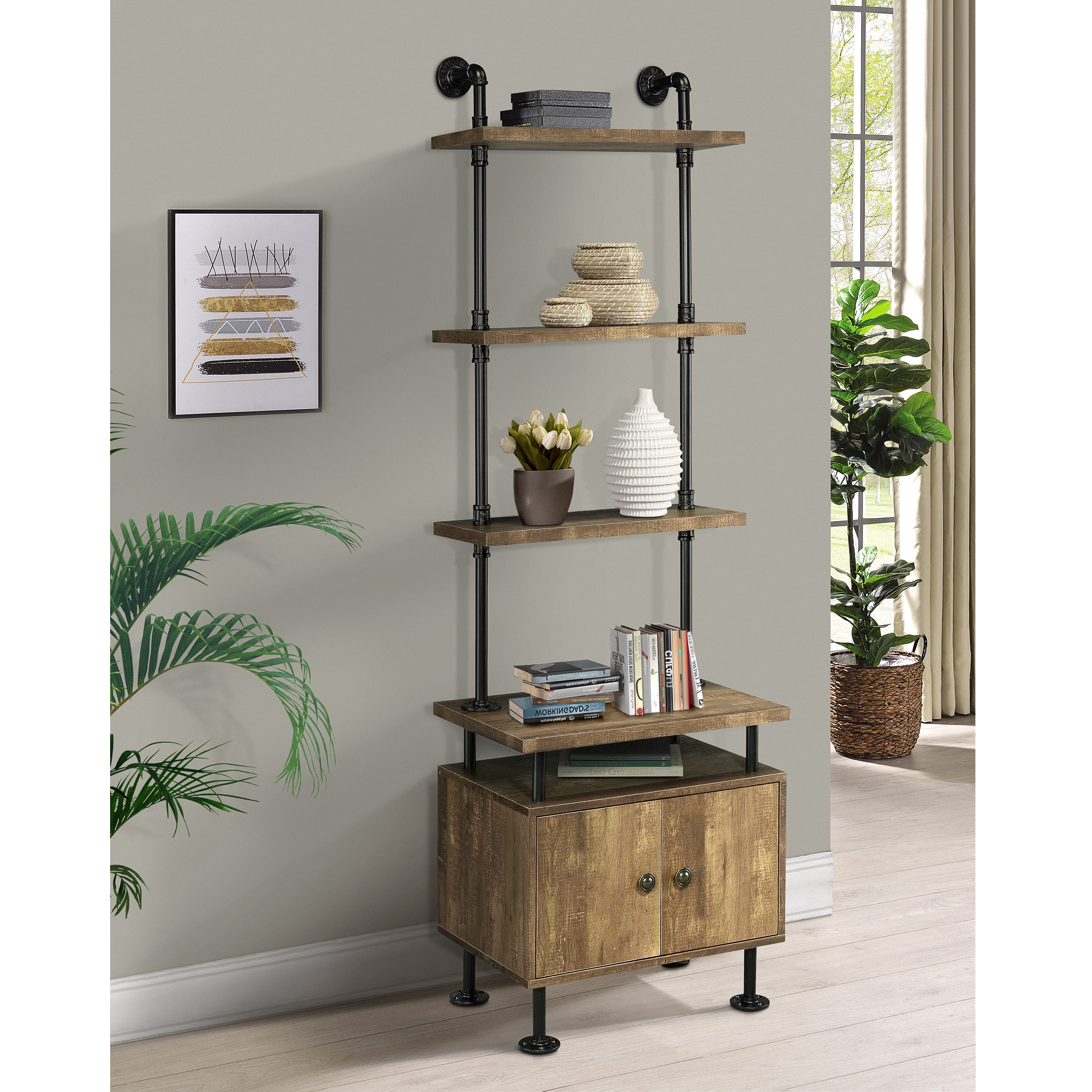 Rustic Oak And Black Side Pier With Open Shelving