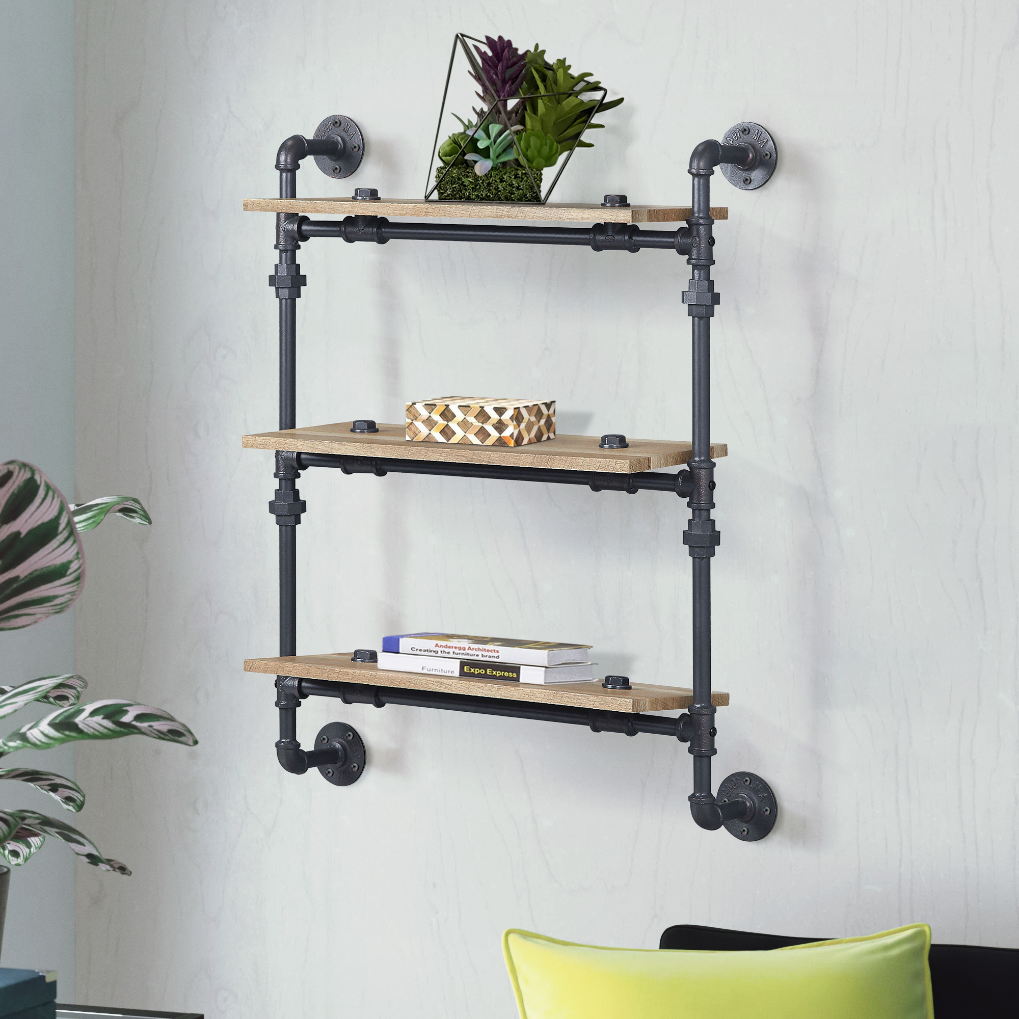 Oak and Sandy Black Rectangle 3-Tier Wall Shelf