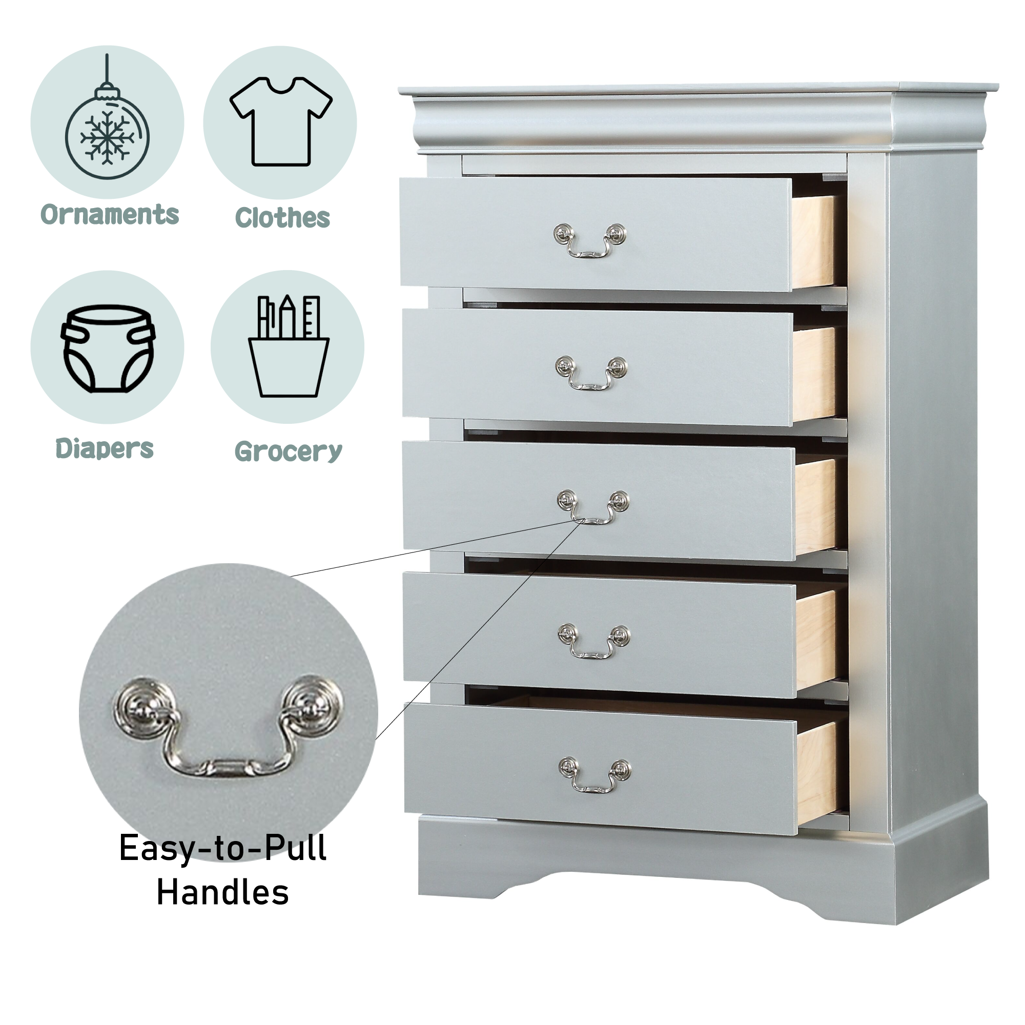 Platinum 5-Drawer Chest with Metal Handles