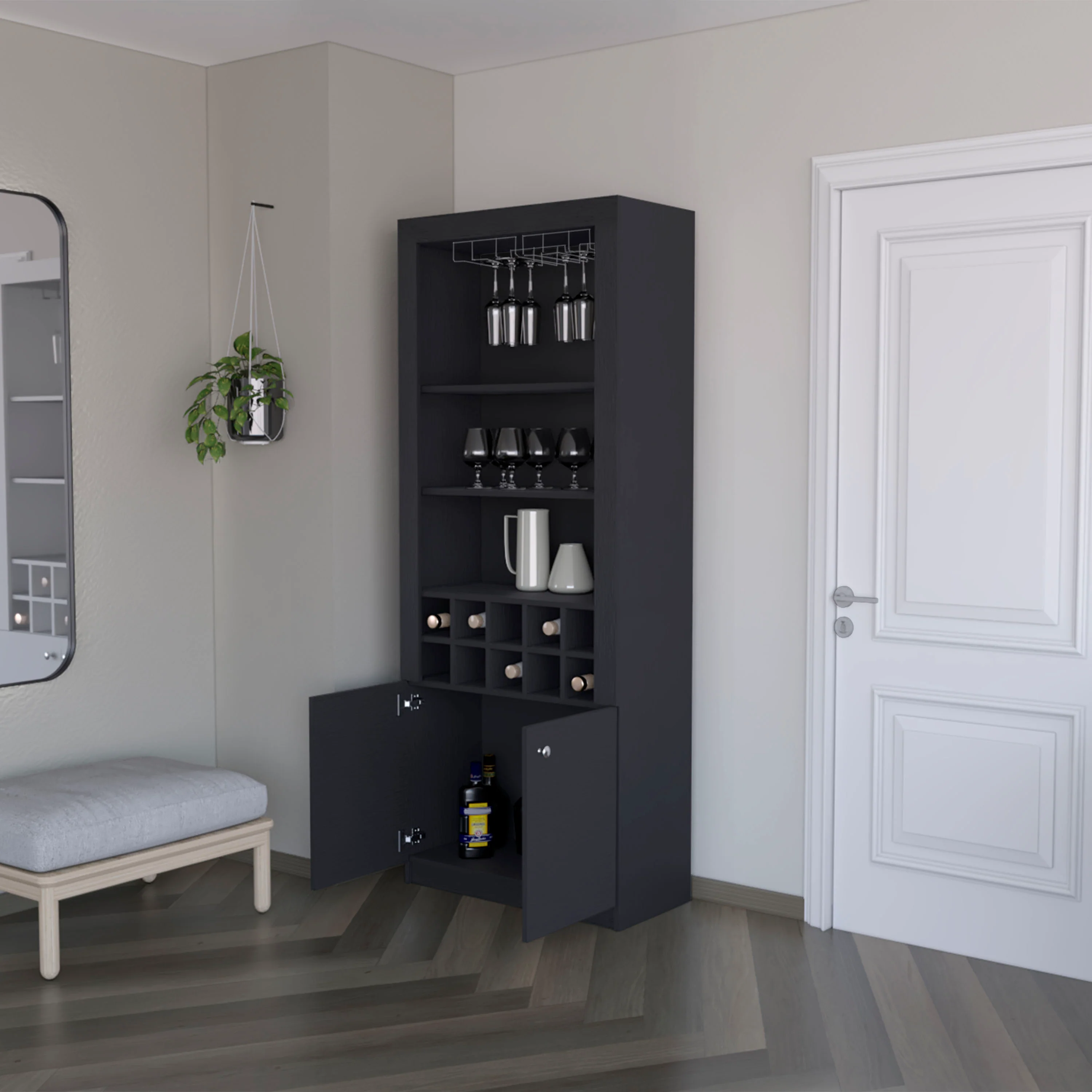 Black Bar Cabinet with Wine Storage and Three Shelves