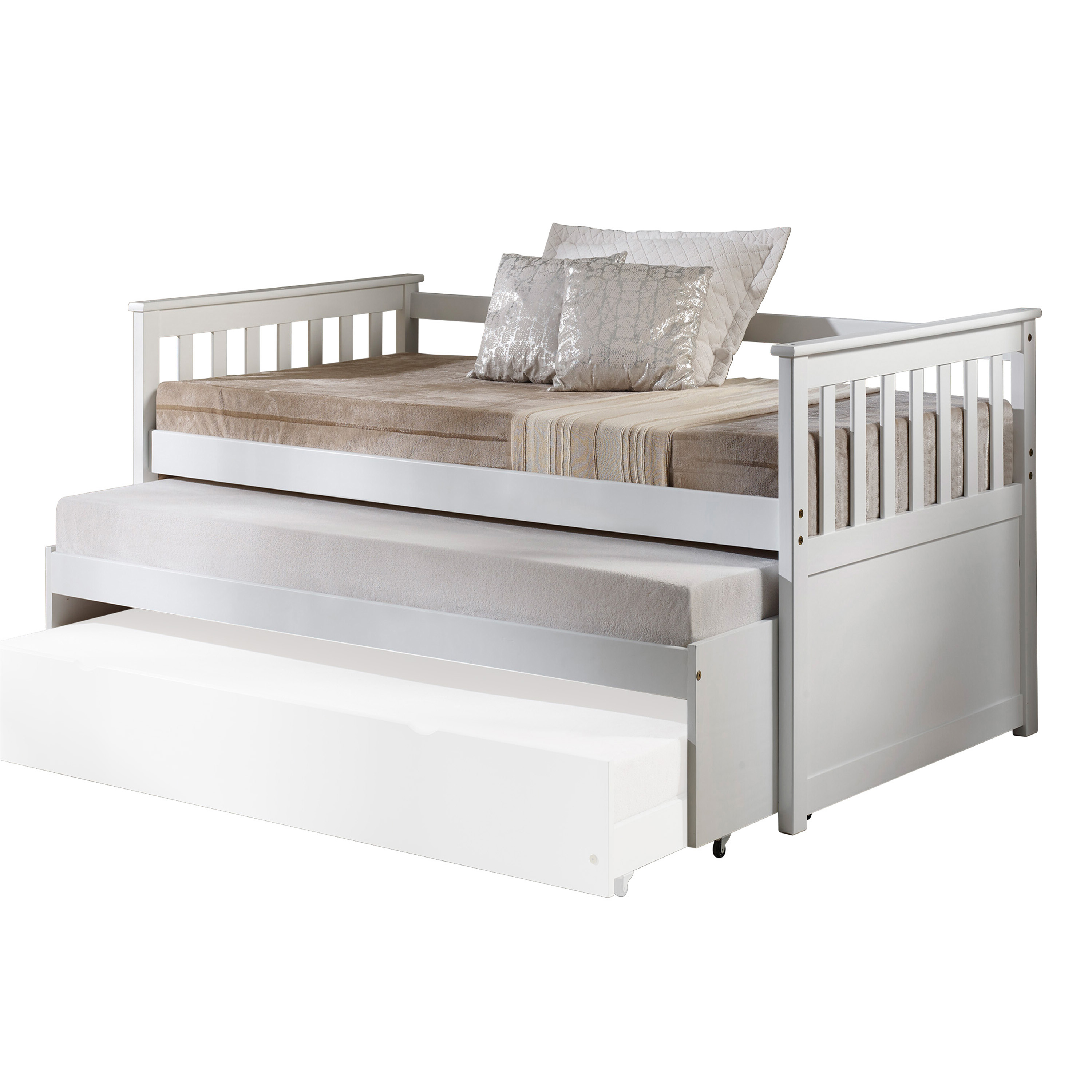 White Slatted Armrest Twin Daybed with Roll-out Bed