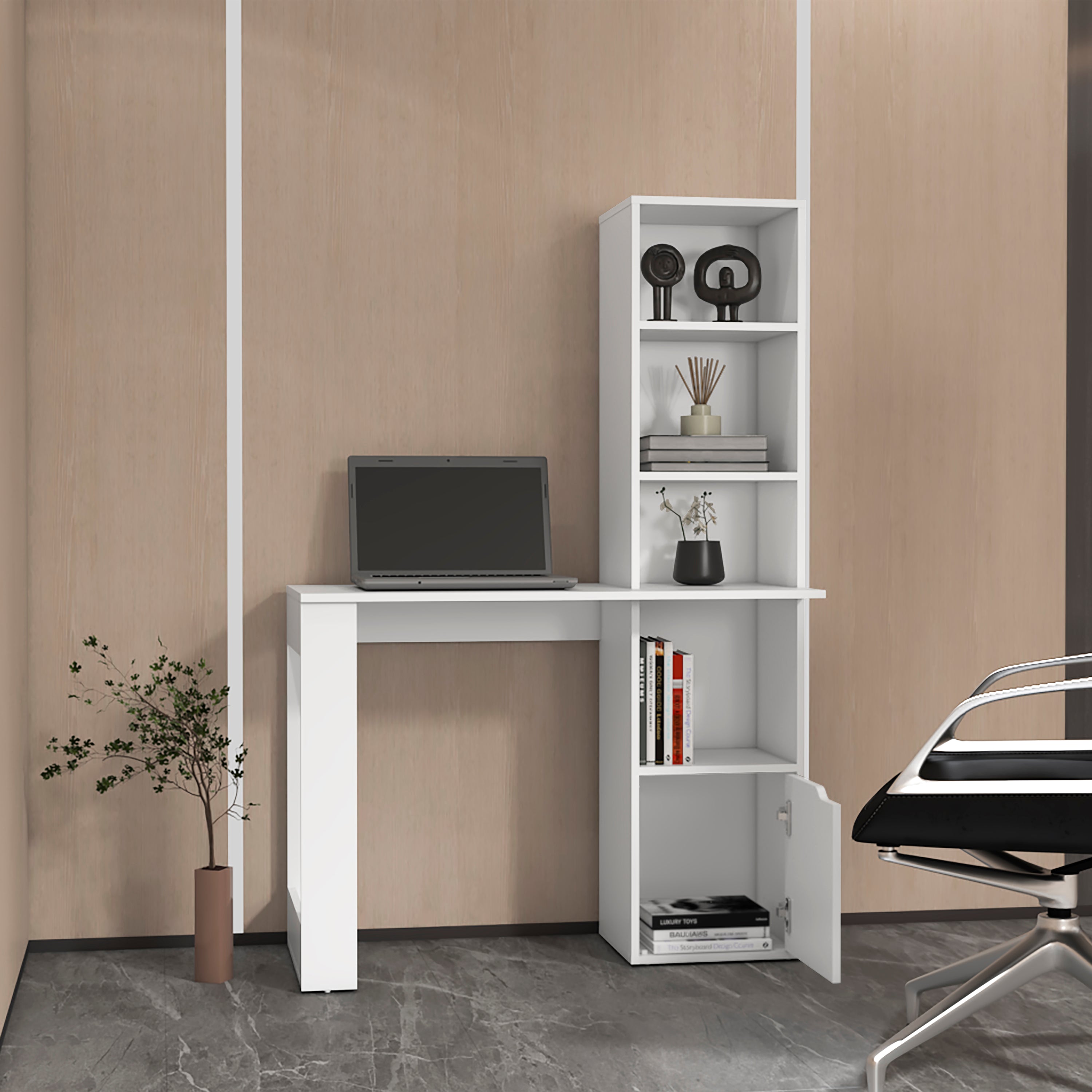 White Computer Desk with 4-Tier Bookcase and 1-Door Cabinet